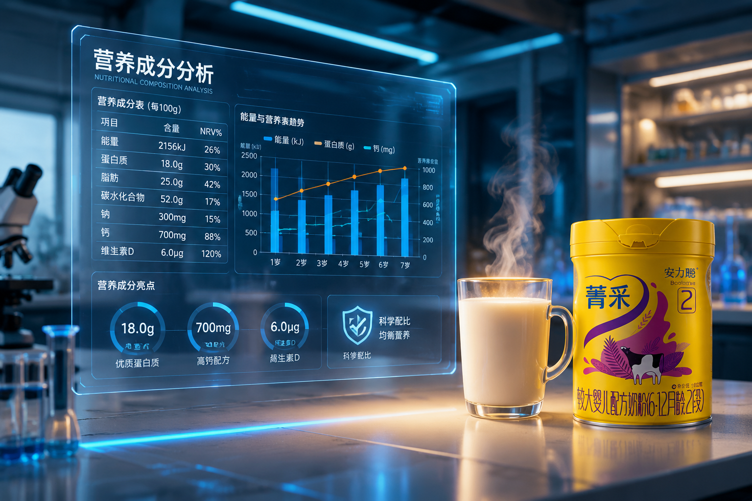 一张极具专业感的营养成分数据面板，悬浮在半空中，面板上显示着柱状图和折线图，旁边有一杯冲泡好的牛奶，散发着温热的蒸汽，背景是现代化的实验室环境，冷暖色调对比，高科技质感。