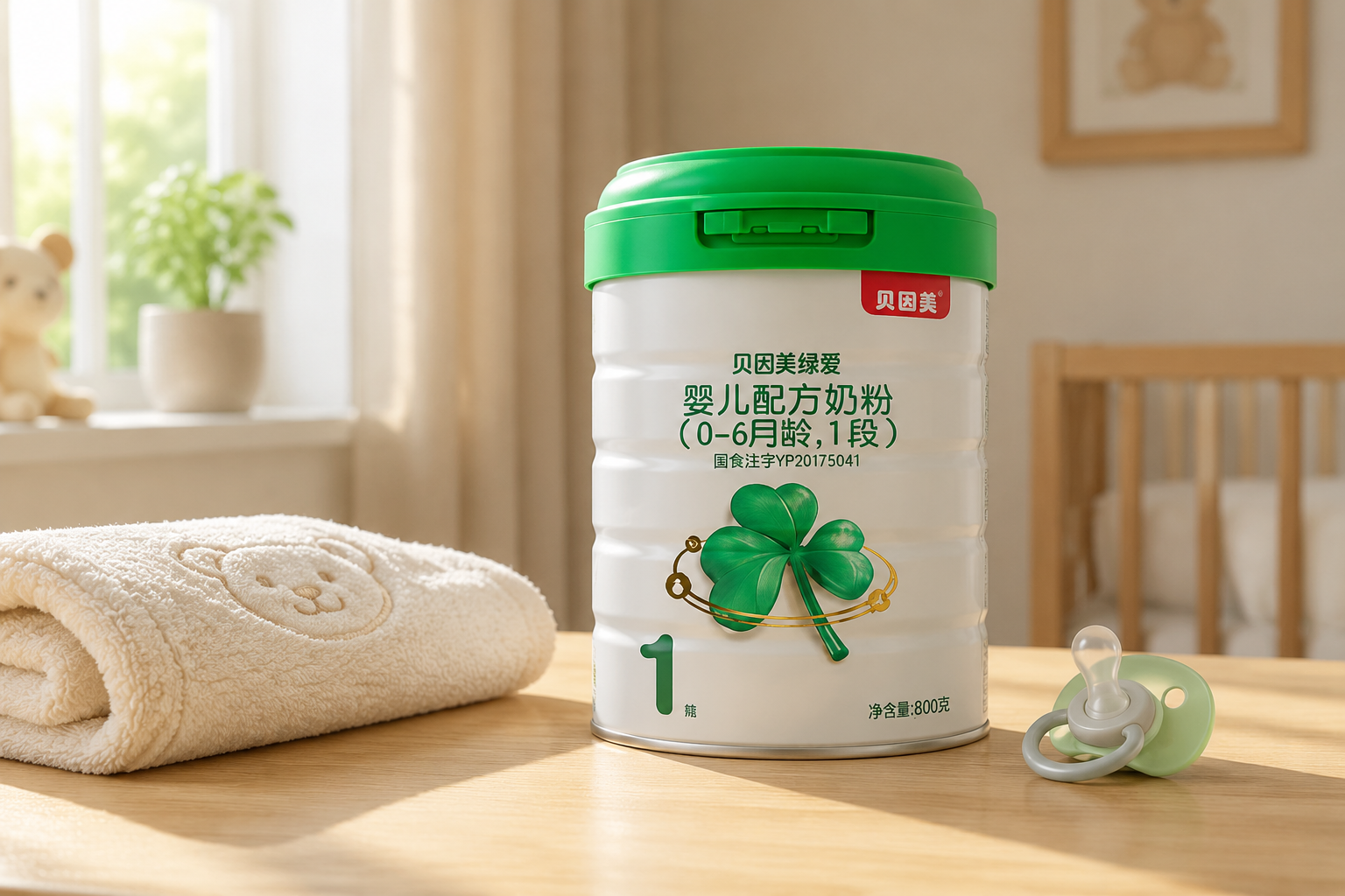一罐贝因美绿爱婴儿配方奶粉1段放在温馨的婴儿房木桌上，旁边有柔软的婴儿毛巾和安抚奶嘴，柔和的自然光透过窗户照射进来，专业摄影，8k分辨率，逼真质感。