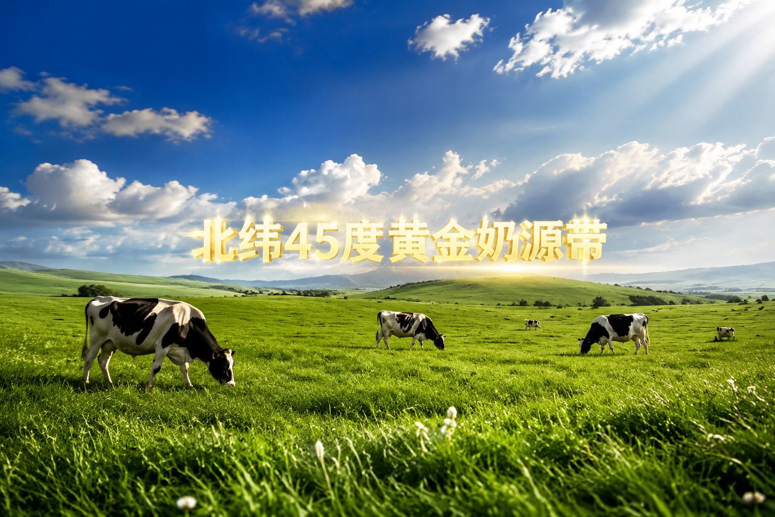 广阔无垠的绿色草原，蓝天白云下，几头健康的黑白花奶牛在悠闲地吃草。画面中央漂浮着“北纬45度黄金奶源带”的发光字样，阳光穿透云层洒在草地上，大片质感，自然风光摄影。