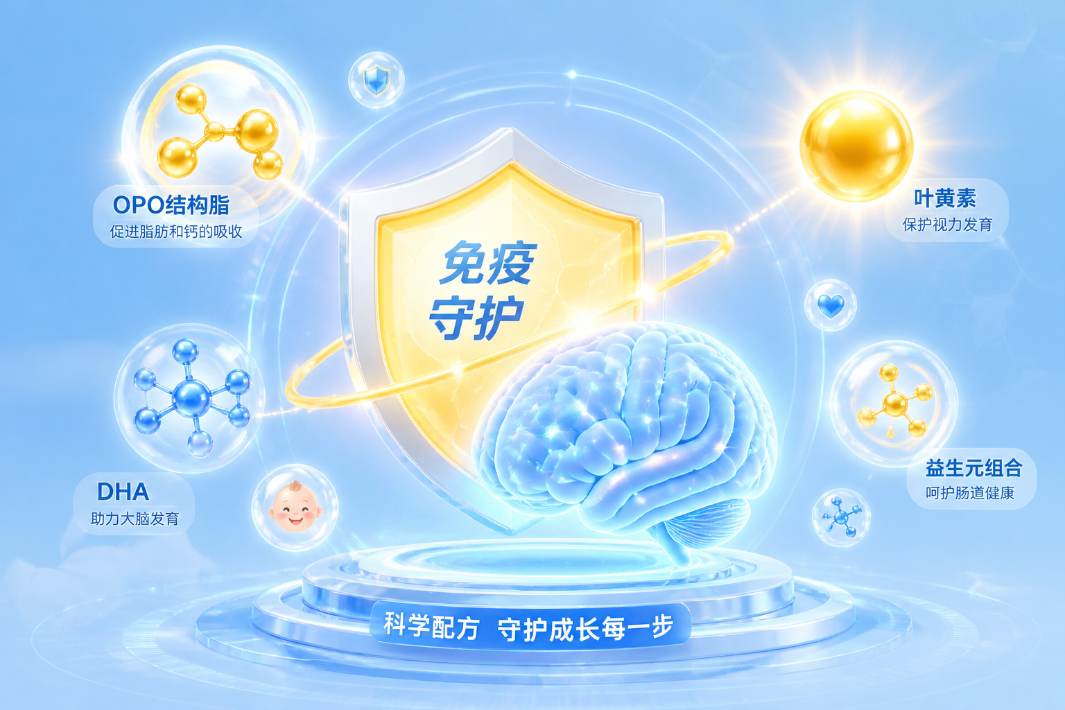 充满科技感与营养元素的3D插画。画面中心是一个发光的盾牌(代表免疫力)和一个大脑模型(代表智力发育),周围环绕着代表OPO结构脂、DHA分子、叶黄素(明亮的橙黄色光芒)的微观科学图标。背景是柔和的婴儿蓝,寓意科学配方守护宝宝健康成长。