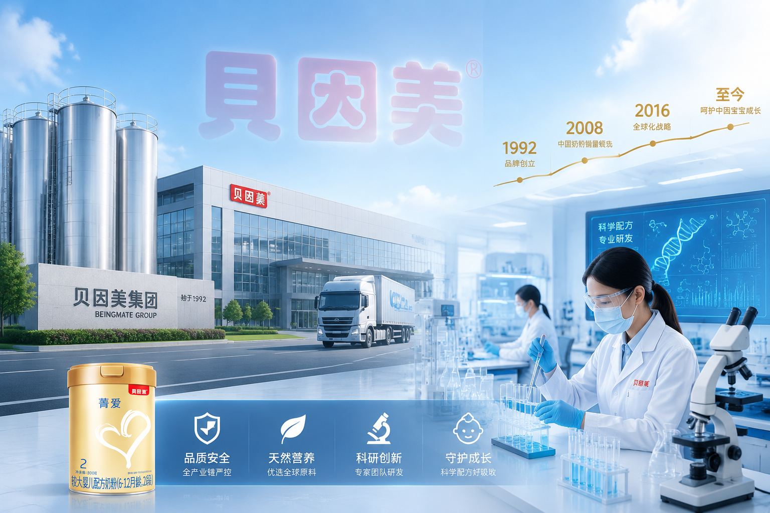 现代化的奶粉生产工厂外景，带有科技感的研发实验室，画面干净明亮，带有“贝因美”品牌标志的虚影，体现专业、安全、历史悠久、值得信赖的品牌形象，3D渲染，高质量。