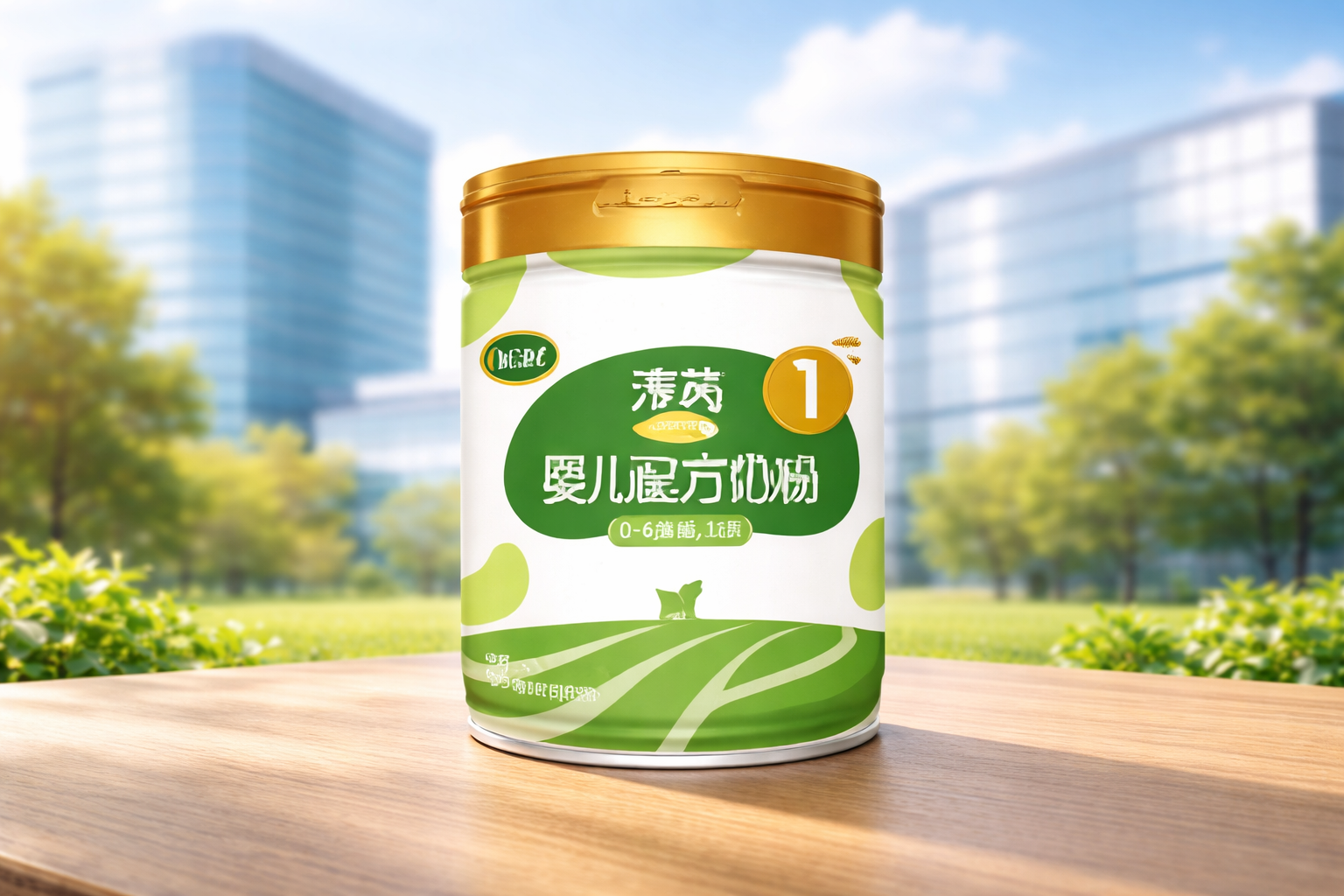 高清产品摄影，一罐飞鹤淳芮有机奶粉1段放置在木质桌面上，背景是虚化的现代化企业大楼与蓝天，展现大品牌实力，光线明亮，色彩温暖，专业商业摄影风格。
