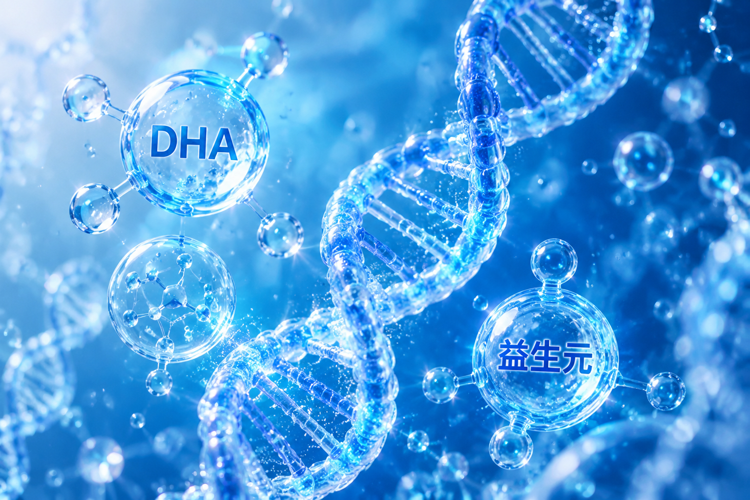 科学微观风格，发光的DNA螺旋和营养分子（DHA，益生元结构）在纯净的蓝色液体中漂浮，代表高科技配方奶粉的营养成分，充满科技感与生命力，3D高质量渲染，微距镜头。