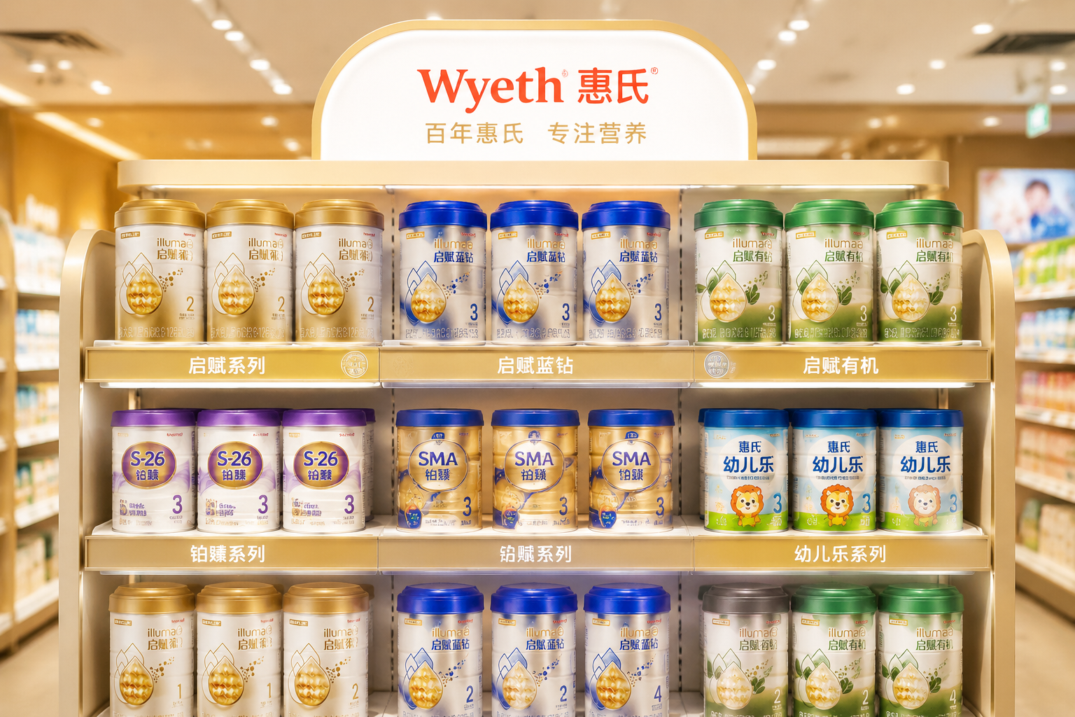 超市高端母婴专区货架，整齐排列着不同段数和系列的惠氏奶粉，包括铂臻、启赋蓝钻、启赋有机等，背景虚化，突出品牌的丰富产品矩阵，明亮温馨的购物环境。