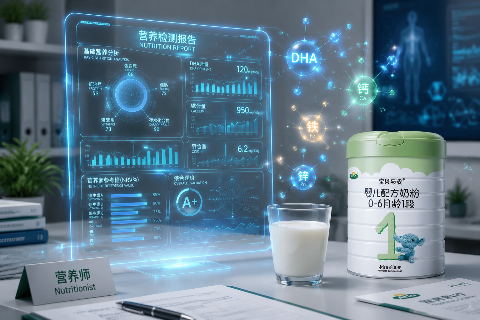 营养师的办公桌，一张带有各种营养数据图表的高科技全息检测报告，旁边放着一杯冲泡好的Arla奶粉，空气中有DHA、钙、铁、锌等微量元素分子的发光投影，科技感与专业感并存。