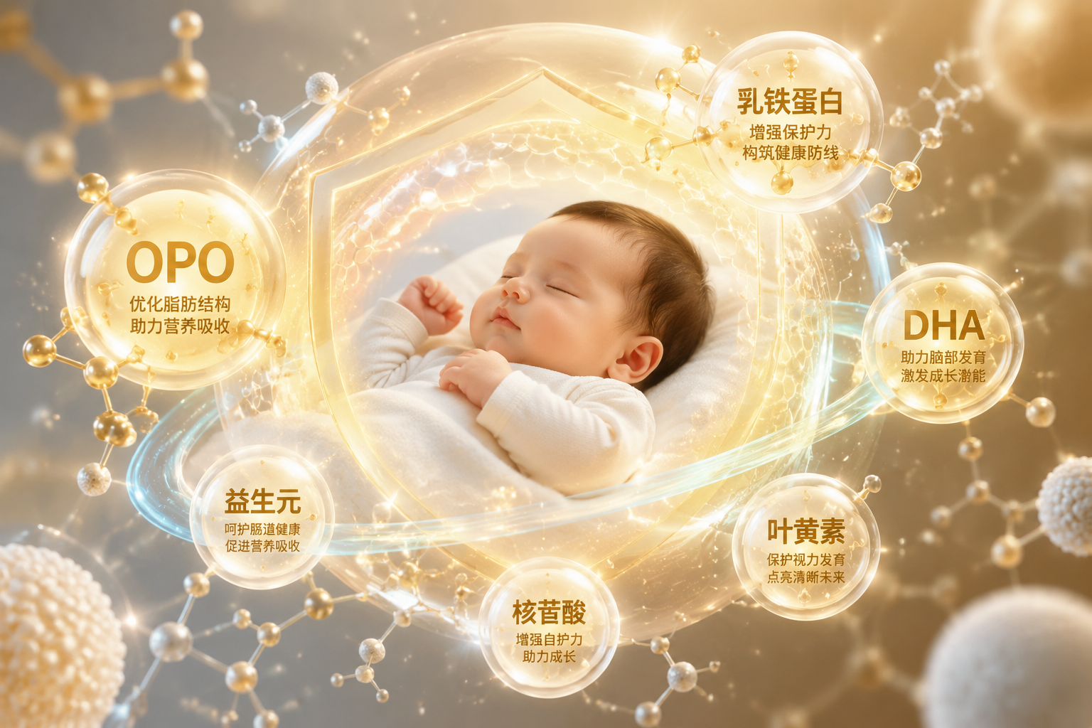 充满科技感和微观视角的营养分子结构图，画面中有代表OPO、乳铁蛋白、DHA等营养元素的闪光球体，环绕着一个熟睡的婴儿，色彩温暖且具有未来感，寓意配方为宝宝提供全面保护。