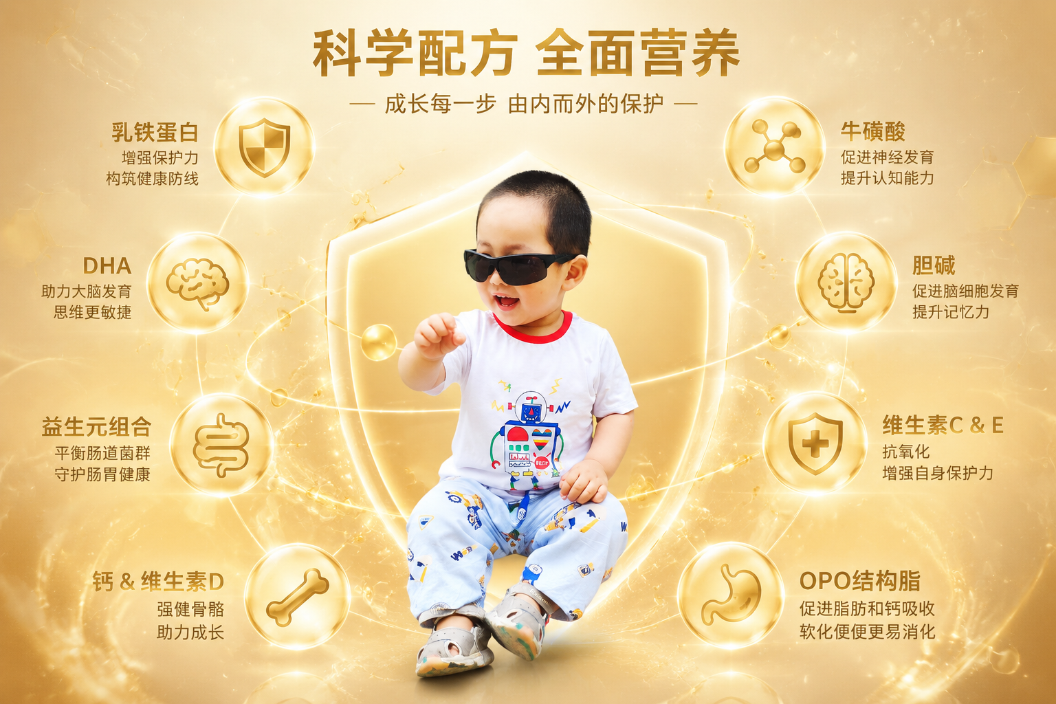 微距與信息圖結(jié)合的設(shè)計(jì)，中心是一個(gè)活力滿滿的嬰兒，周圍環(huán)繞著發(fā)光的科學(xué)圖標(biāo)（代表乳鐵蛋白、DHA、牛磺酸等核心營(yíng)養(yǎng)素），背景為帶有科技感的淡金色，突出奶粉配方的高端與全面。