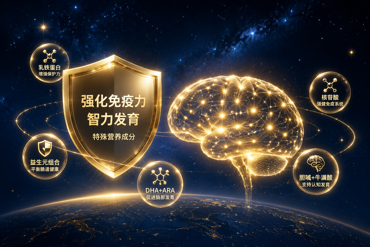 充满科技感的金色盾牌和大脑神经元网络发光图形，代表强化免疫力和智力发育的特殊营养成分，背景为深蓝色星空，高端大气。