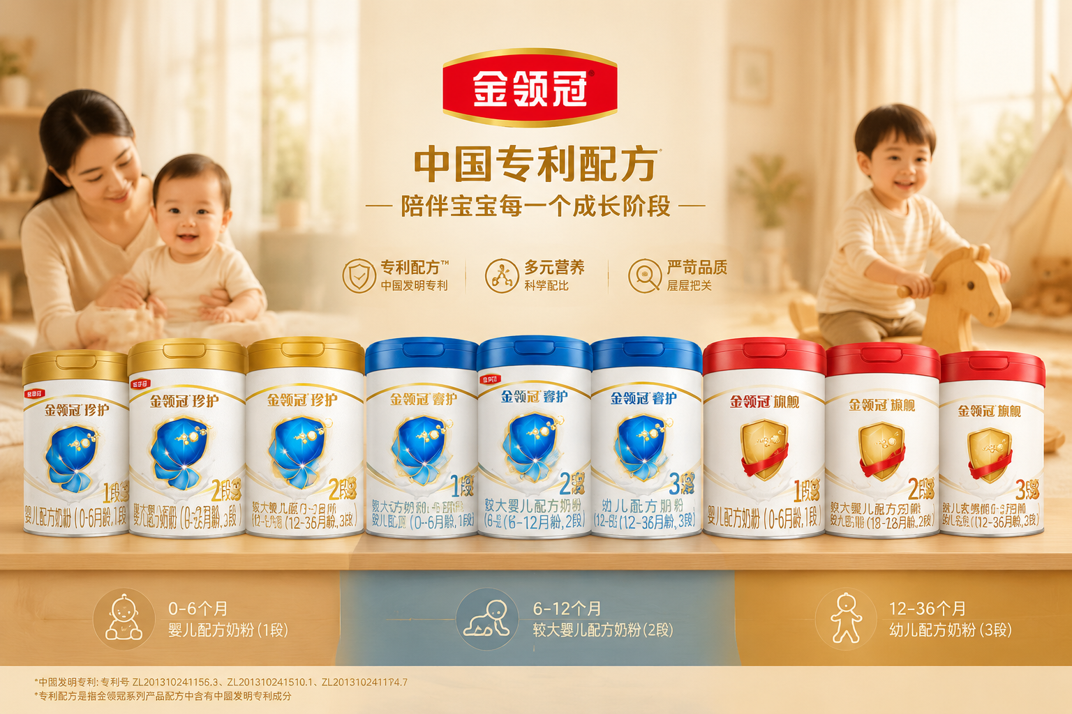 货架上整齐排列着不同段数和系列的伊利金领冠奶粉罐，背景是温馨的家庭育儿场景，柔和的暖色调，象征着品牌陪伴宝宝从出生到幼儿期的每一个成长阶段。