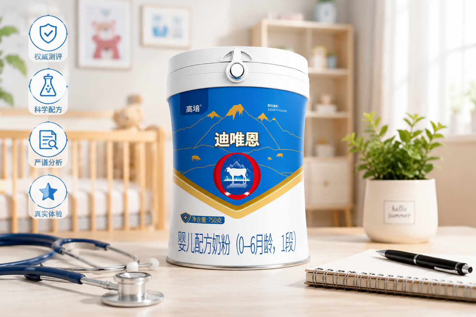 奶粉测评博主风格的封面图，画面中央为一罐高培迪唯恩1段奶粉，背景为明亮温馨的母婴室，旁边配有听诊器、记事本和绿植，突出专业、科学、严谨的测评氛围，高画质，摄影级。