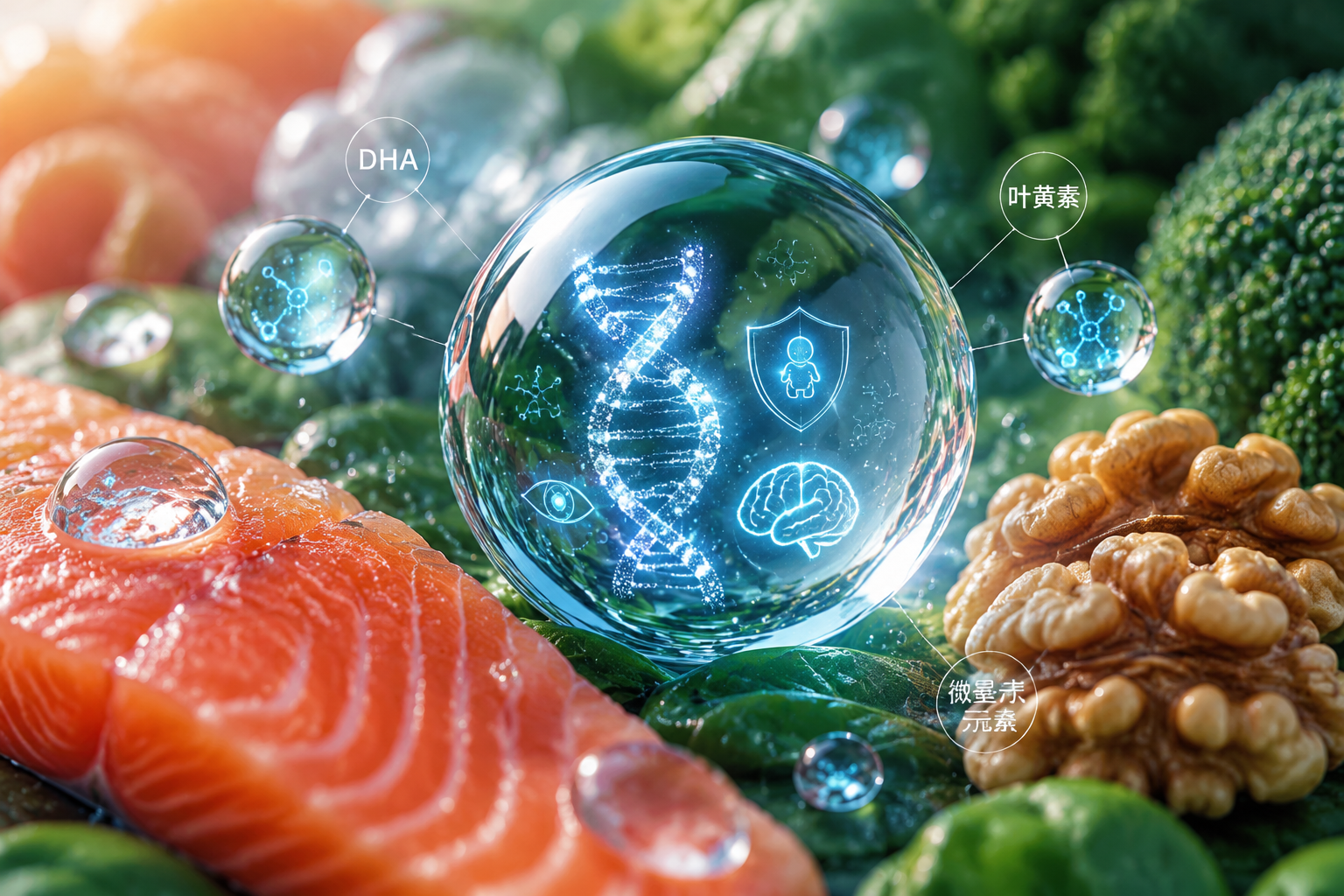微距摄影，晶莹剔透的水滴中倒影出代表DNA和营养分子的3D发光图标，如盾牌、大脑、眼睛等形状。周围散落着深海鱼片、核桃仁和绿色蔬菜，象征丰富的DHA、叶黄素和微量元素营养，科技感与自然母婴感结合，高品质打光。