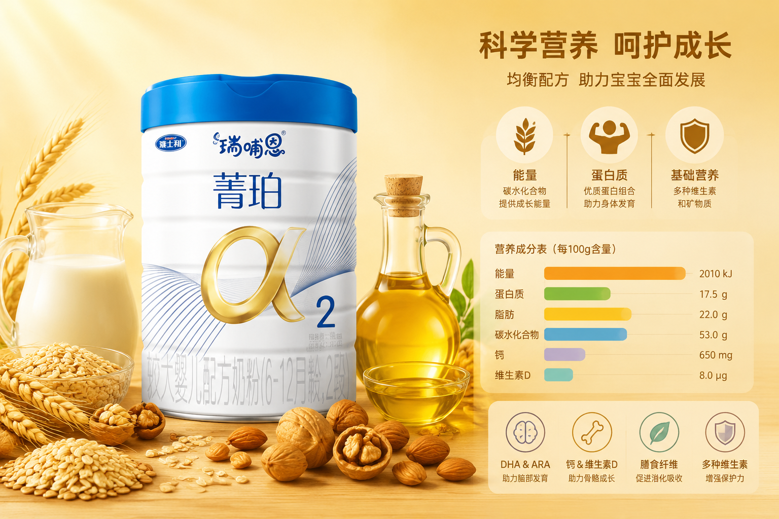 营养成分展示图，谷物、健康的牛奶、坚果和植物油的艺术化组合，旁边有数据图表元素，色调温暖，传达能量和基础营养的概念。