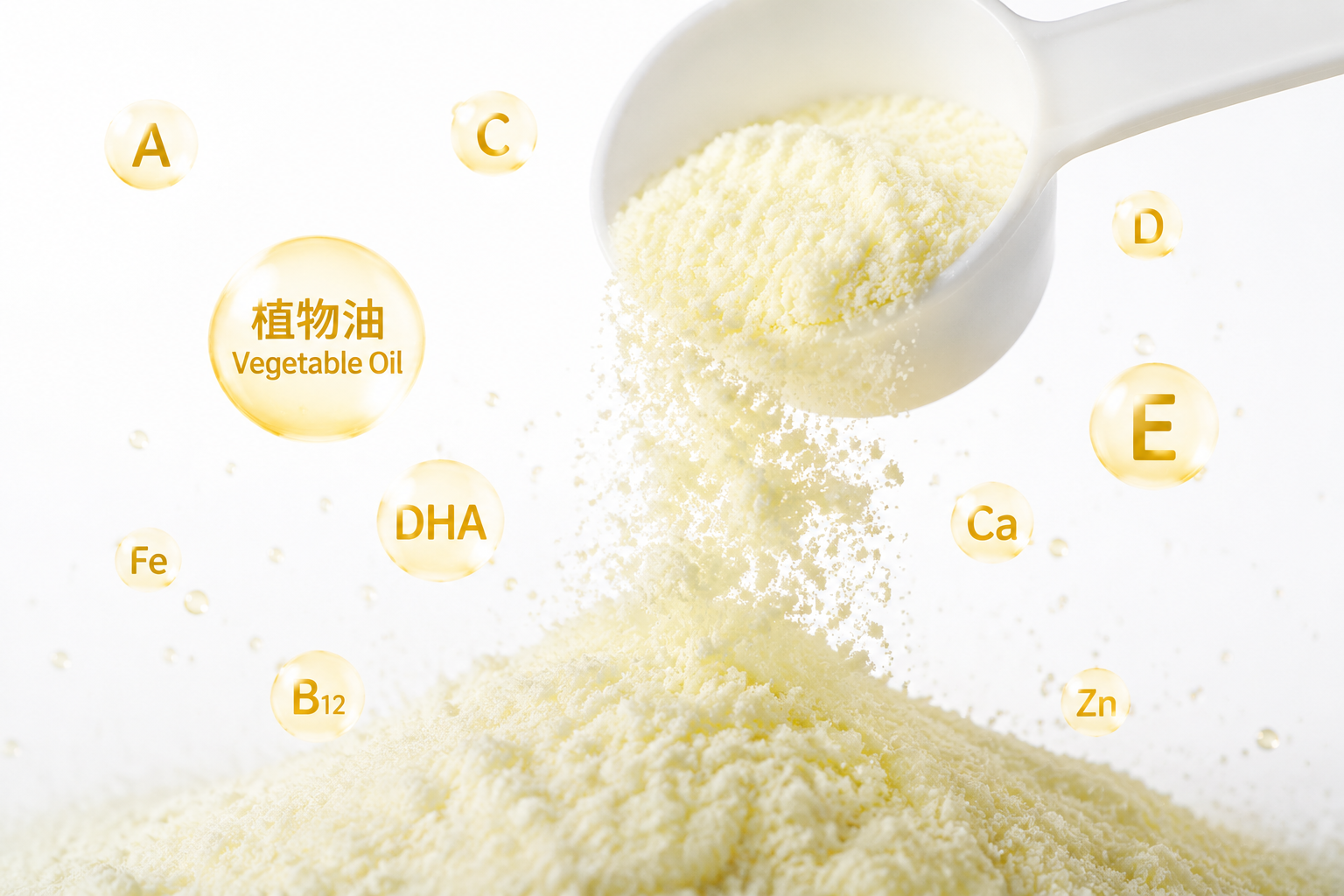微距摄影，一勺洁白细腻的奶粉倾倒而下，奶粉颗粒清晰可见。画面中融入配料表的艺术排版元素，如植物油、维生素的英文缩写悬浮在奶粉周围，背景为干净的纯白色，打光通透。