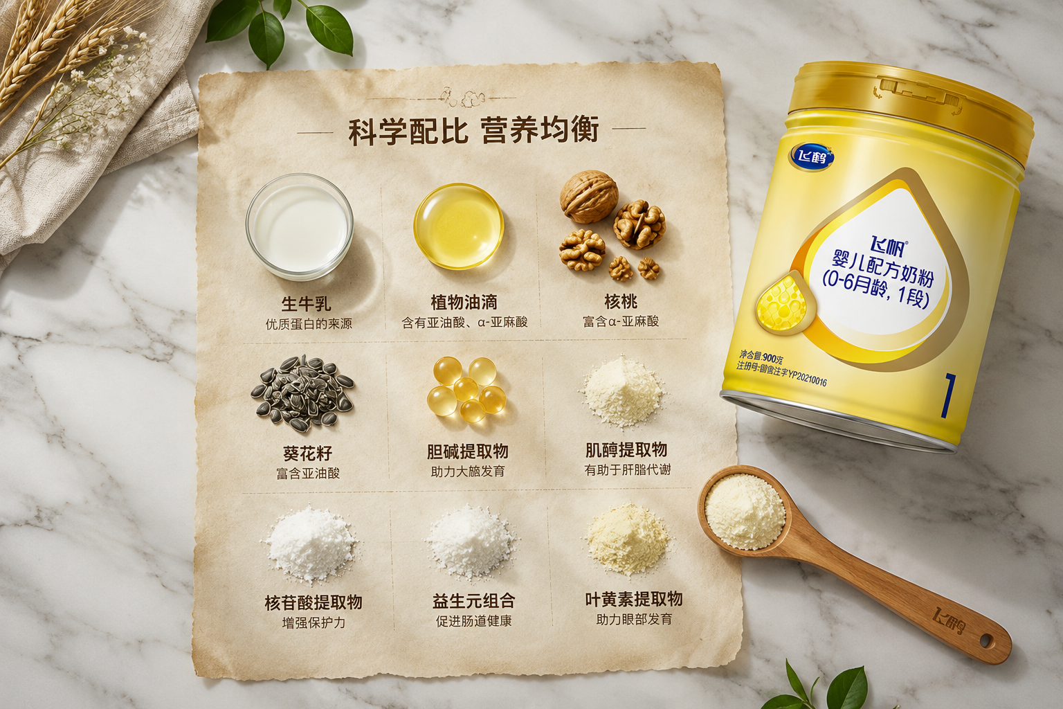 俯视角度拍摄的厨房大理石桌面,上面铺着一张羊皮纸,纸上整齐地排列着生牛乳、植物油滴、核桃、葵花籽以及各种提取物的示意小模型。旁边放着一罐飞鹤奶粉和一把木质量勺,画面呈现出天然食材与科学配比融合的视觉感受。