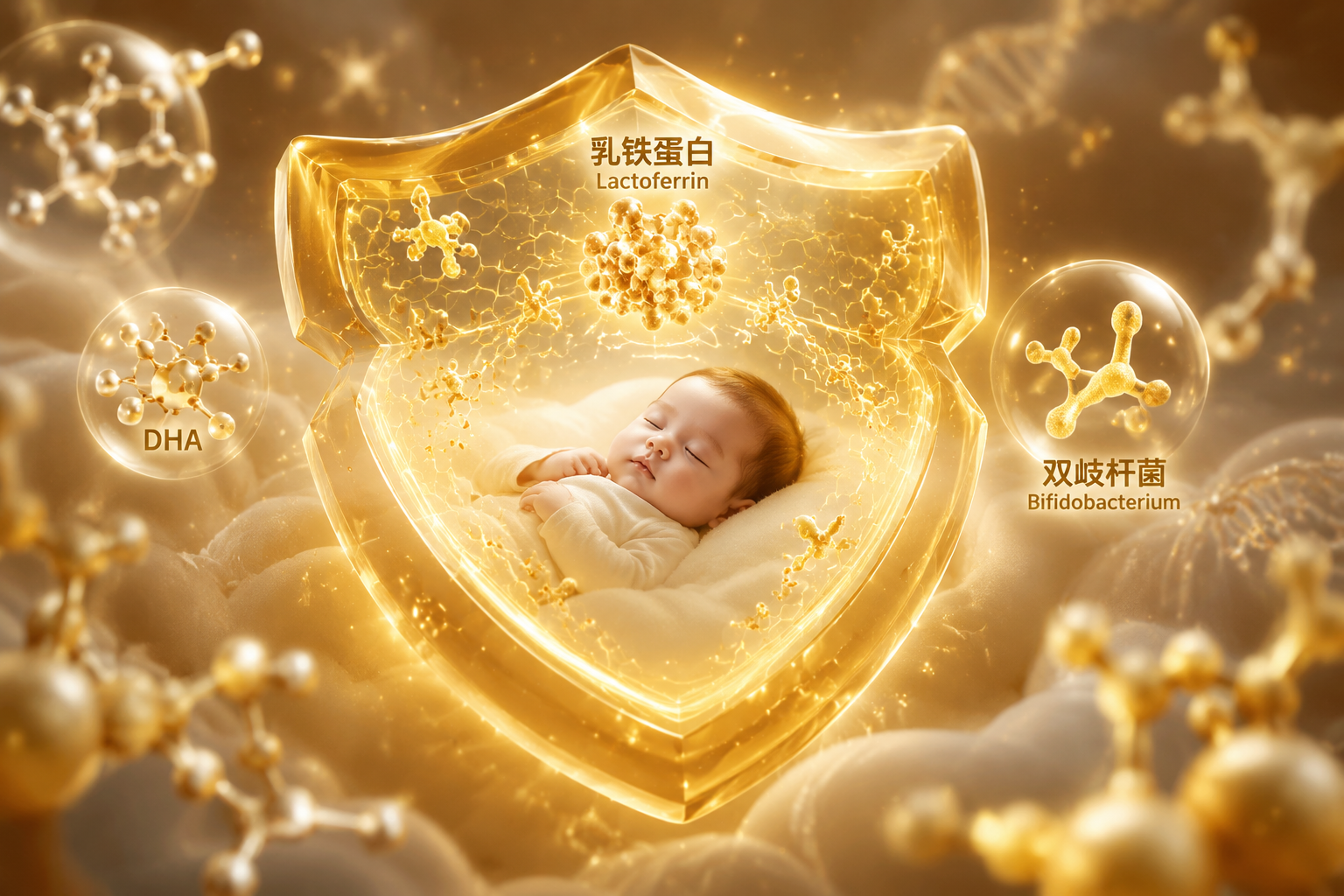 充滿科技感與微觀生物學(xué)的畫面，展示發(fā)光的乳鐵蛋白分子、DHA分子和雙歧桿菌在構(gòu)建一個(gè)金色的免疫保護(hù)盾，保護(hù)著中間熟睡的健康嬰兒，3D渲染，夢(mèng)幻且充滿安全感。