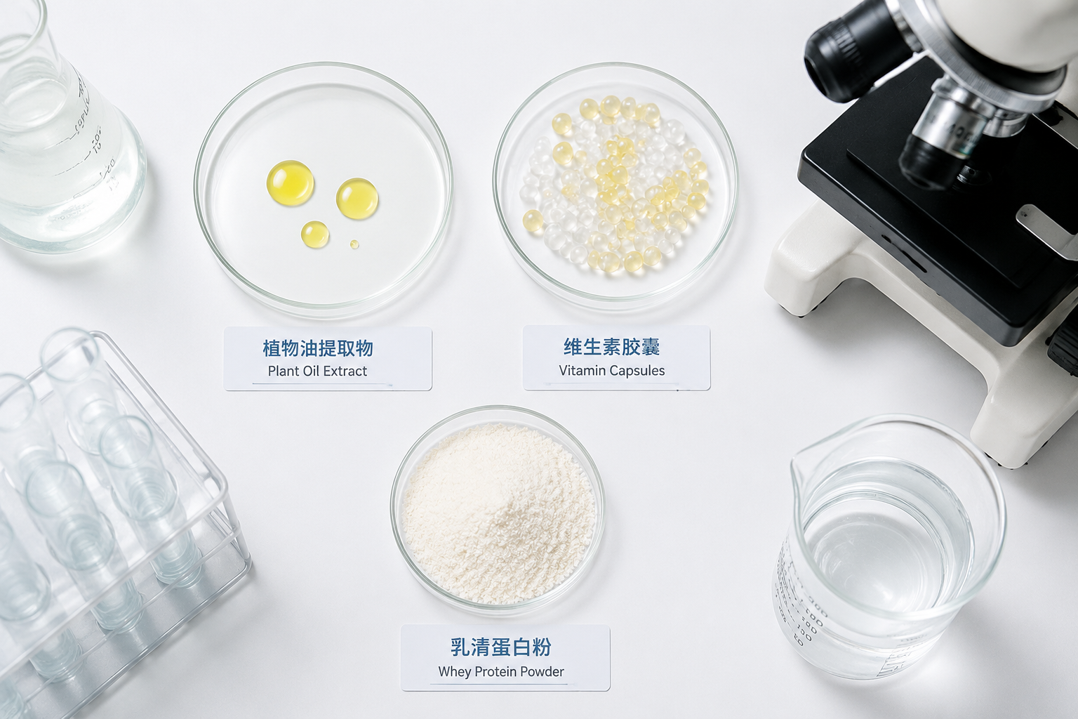 俯视视角的科学配方概念图，纯白色的背景上整齐排列着几滴提取的植物油、微小的维生素胶囊、以及纯净的乳清粉末，旁边配有显微镜和科学量杯，呈现出严谨、安全、专业的医学实验室风格。