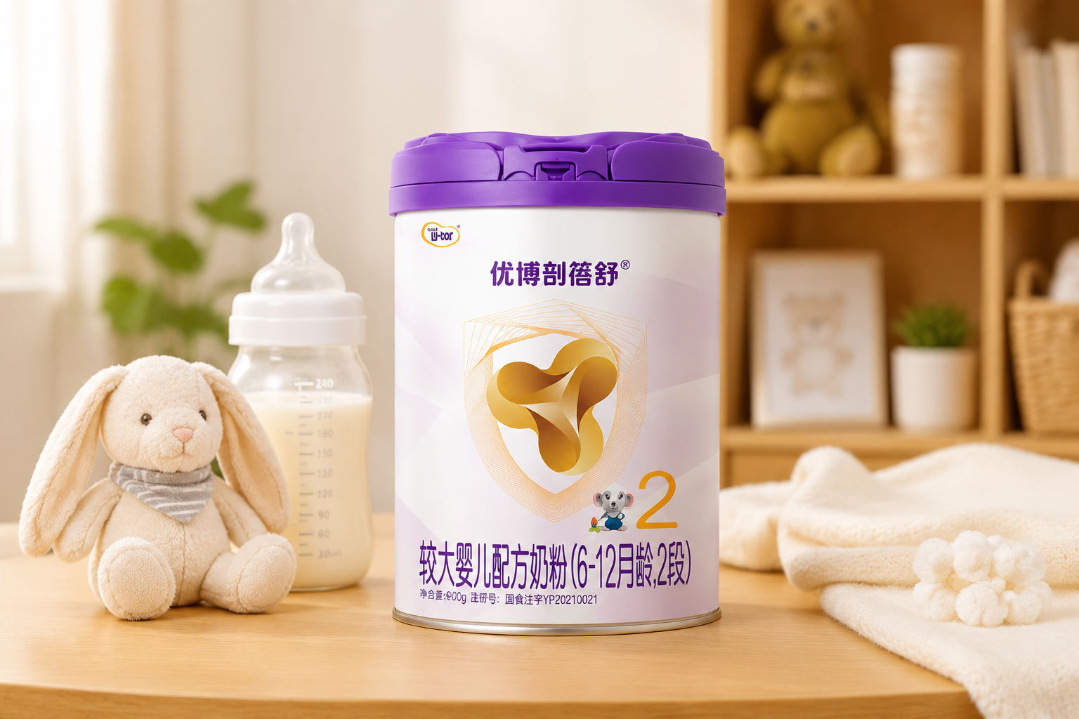 一罐優(yōu)博剖蓓舒奶粉2段（新國(guó)標(biāo)）放置在溫馨的母嬰房木質(zhì)桌面上，旁邊有可愛(ài)的嬰兒毛絨玩具和奶瓶，光線柔和，專業(yè)產(chǎn)品攝影，高分辨率，寫(xiě)實(shí)風(fēng)格。