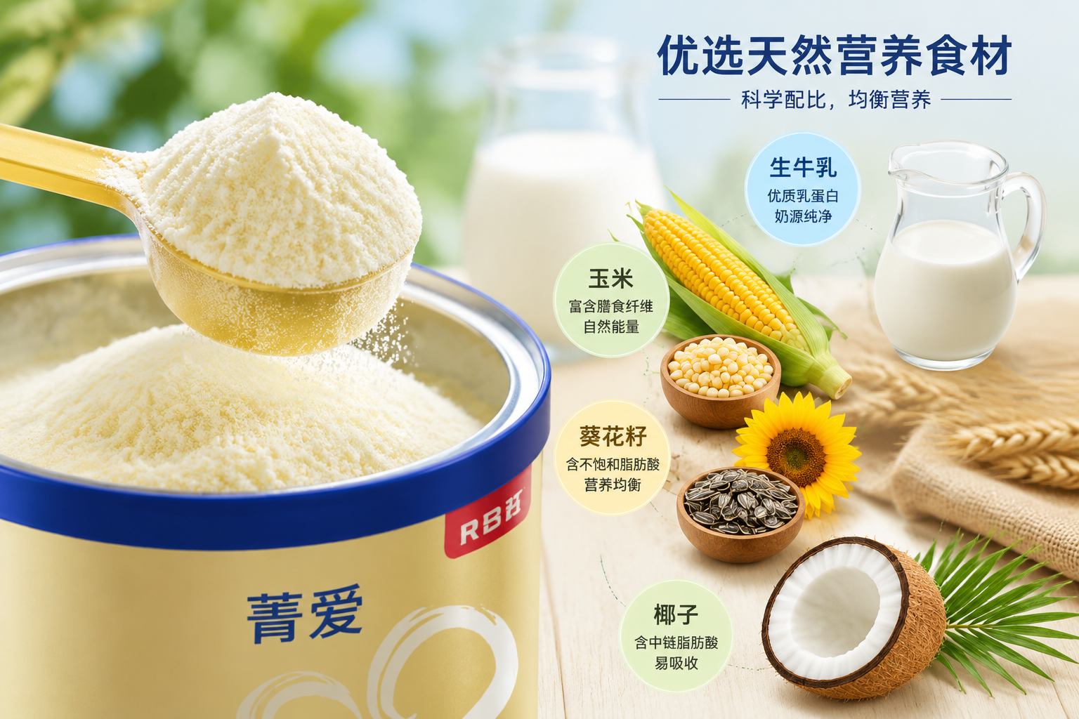 采用微距攝影，展示奶粉細膩均勻的粉質(zhì)狀態(tài)，旁邊有一張充滿天然農(nóng)作物（如玉米、葵花籽、椰子）和生牛乳元素的配料表概念圖，色彩自然健康，給人安全、透明的視覺感受。