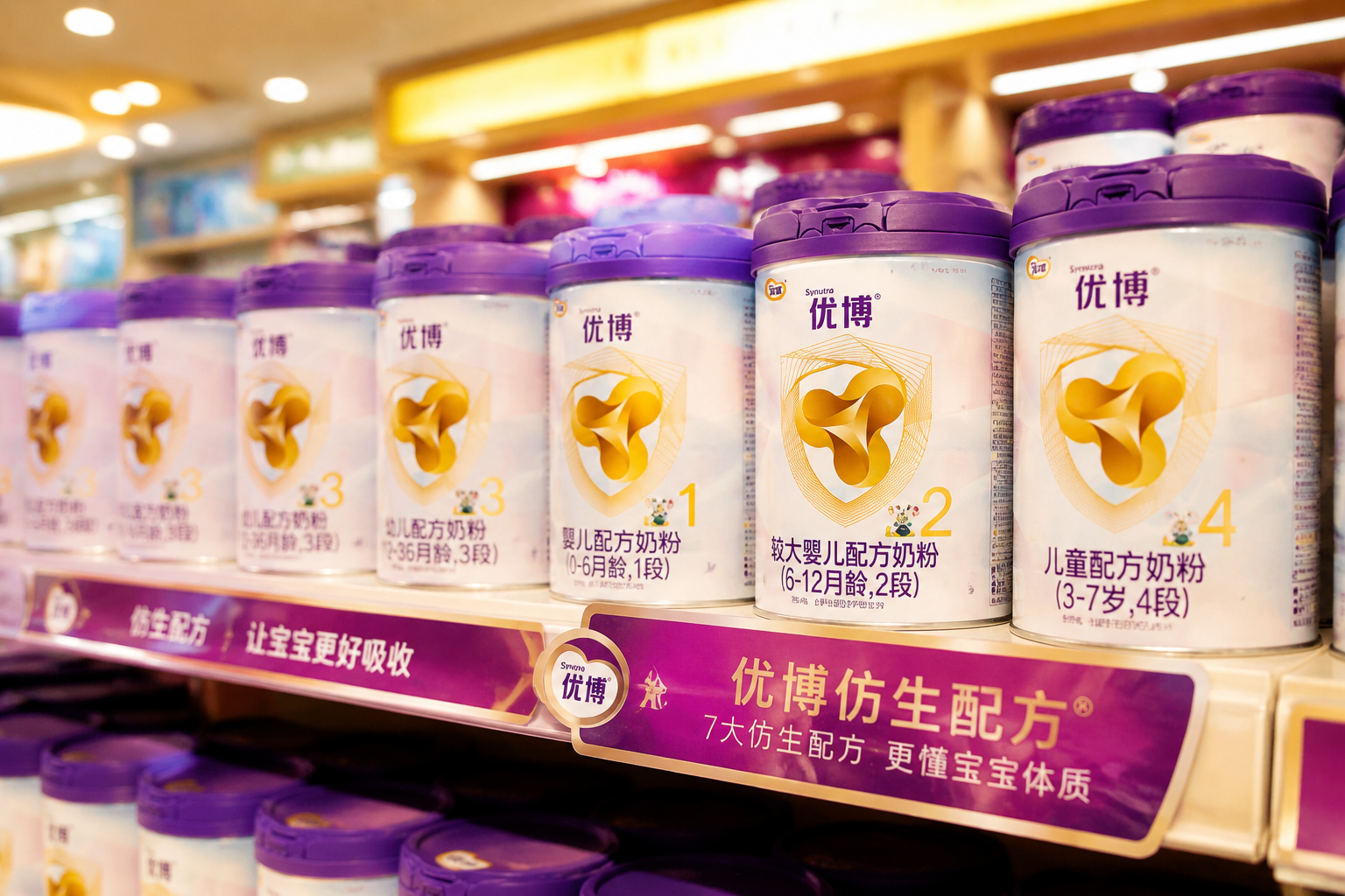 母嬰店里整齊排列的奶粉貨架，上面擺滿了不同段數(shù)和系列的圣元優(yōu)博奶粉罐，景深效果，色彩溫暖，商業(yè)攝影。