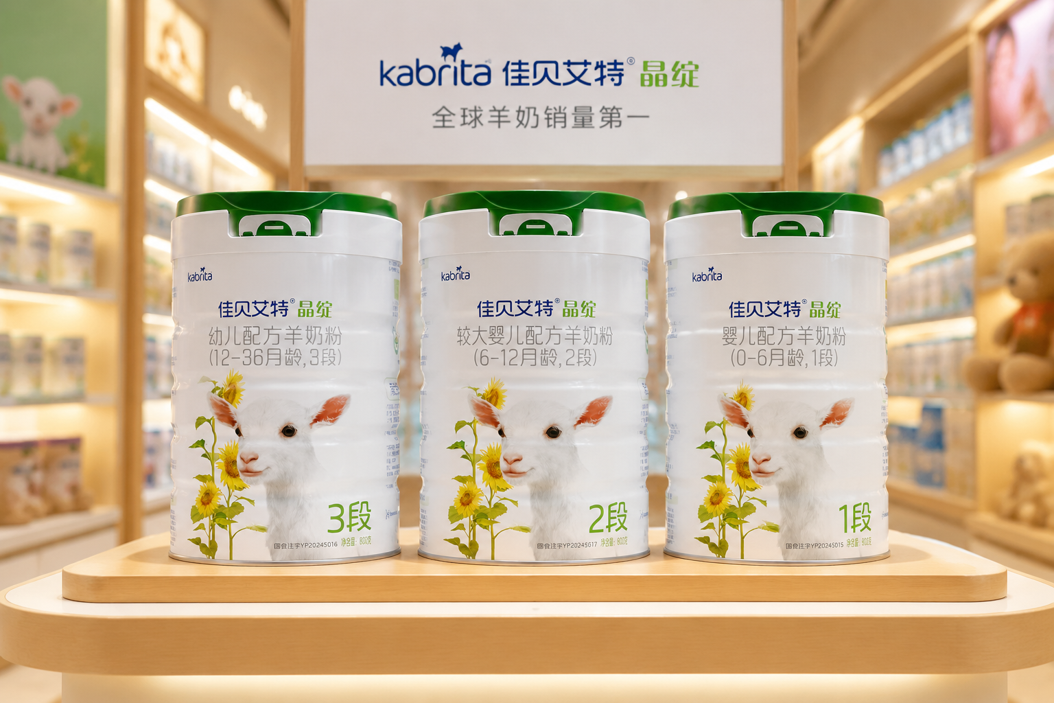 三罐不同段數(shù)的佳貝艾特奶粉整齊排列在展示架上，背景是母嬰店溫馨的陳列區(qū)，燈光打在產(chǎn)品上凸顯出高端的包裝質(zhì)感，畫面?zhèn)鬟_(dá)出產(chǎn)品線的豐富與品牌的專業(yè)度，景深效果明顯。