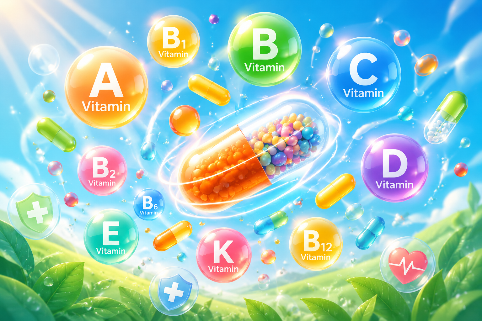 多彩發(fā)光的膠囊和氣泡漂浮在空中，代表豐富的維生素群（A, B, C, D等），色彩鮮艷，充滿生命力與活力，醫(yī)藥健康插畫風(fēng)格。
