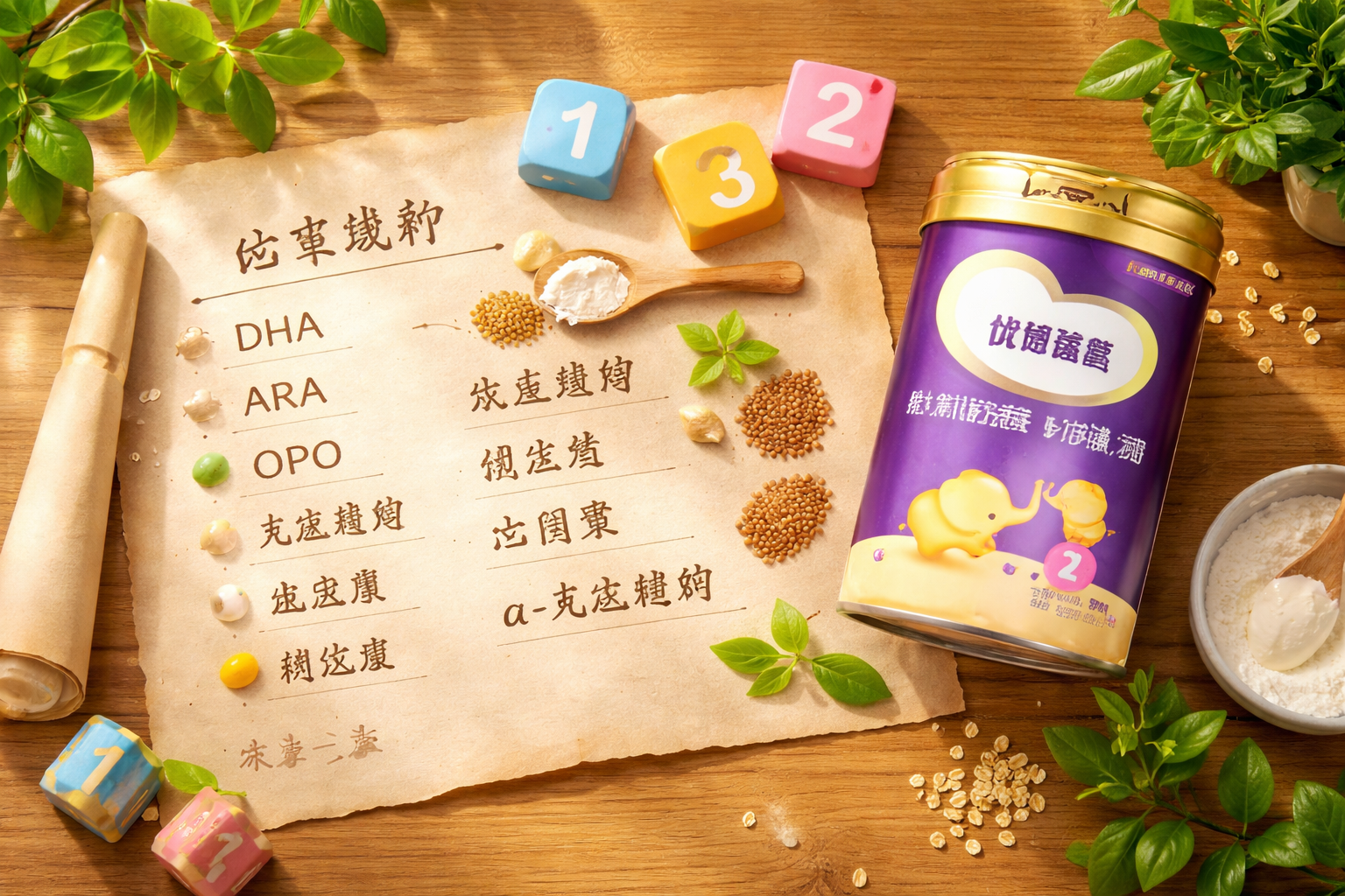 俯視桌面拍攝，木質(zhì)桌面上鋪展開(kāi)一張精美的羊皮紙，上面寫(xiě)滿了配方成分，旁邊放置著圣元優(yōu)博瑞慕奶粉罐，周圍散落著代表不同生長(zhǎng)階段（1段、2段、3段）的小積木和一株綠色植物，表現(xiàn)產(chǎn)品的系列延伸與天然配料。
