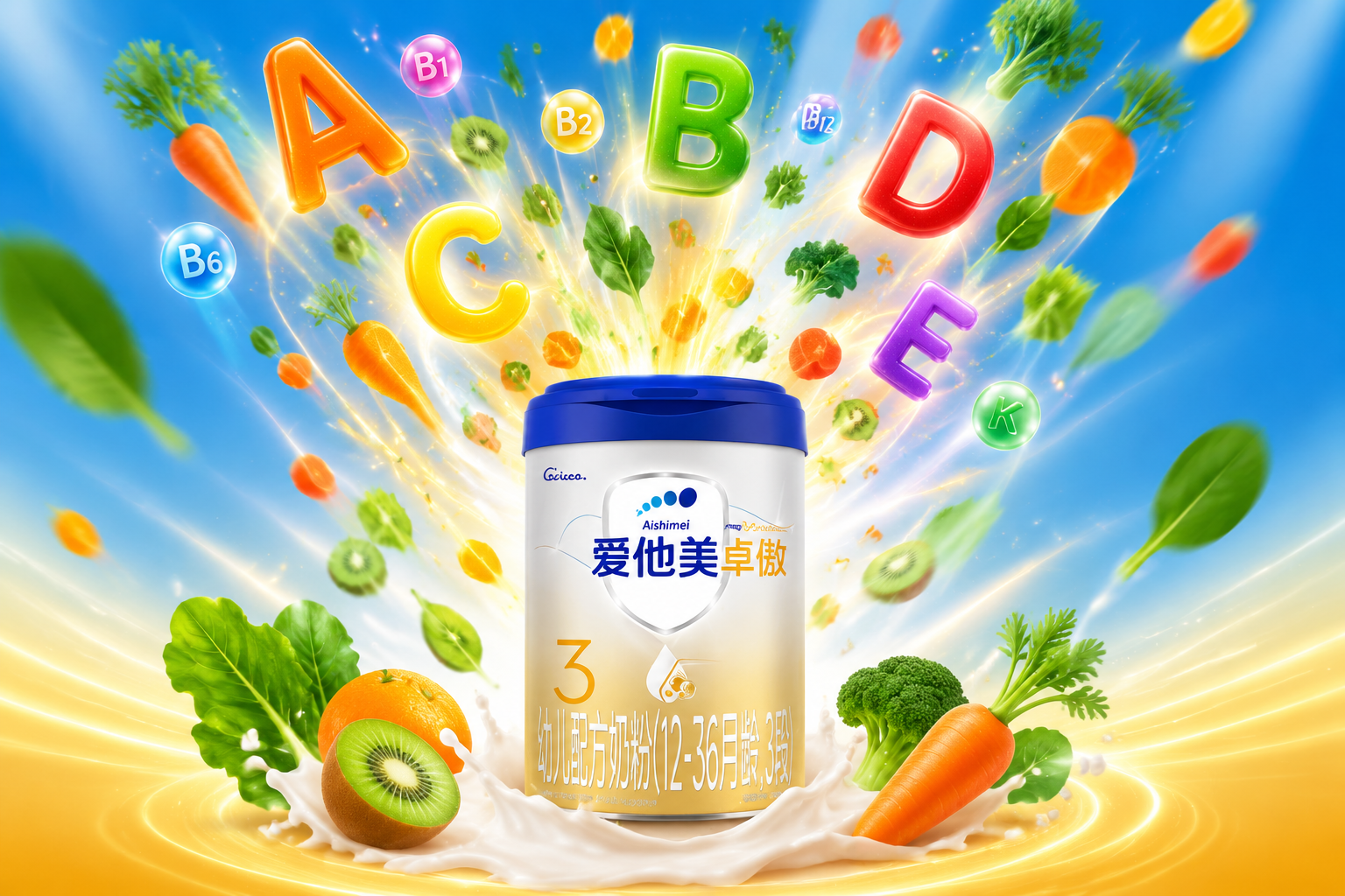 色彩繽紛的水果和蔬菜（胡蘿卜、獼猴桃、深綠葉菜等）化作各種維生素字母（A, B, C, D, E）飛入奶粉罐中，象征豐富的維生素群，畫面充滿活力。