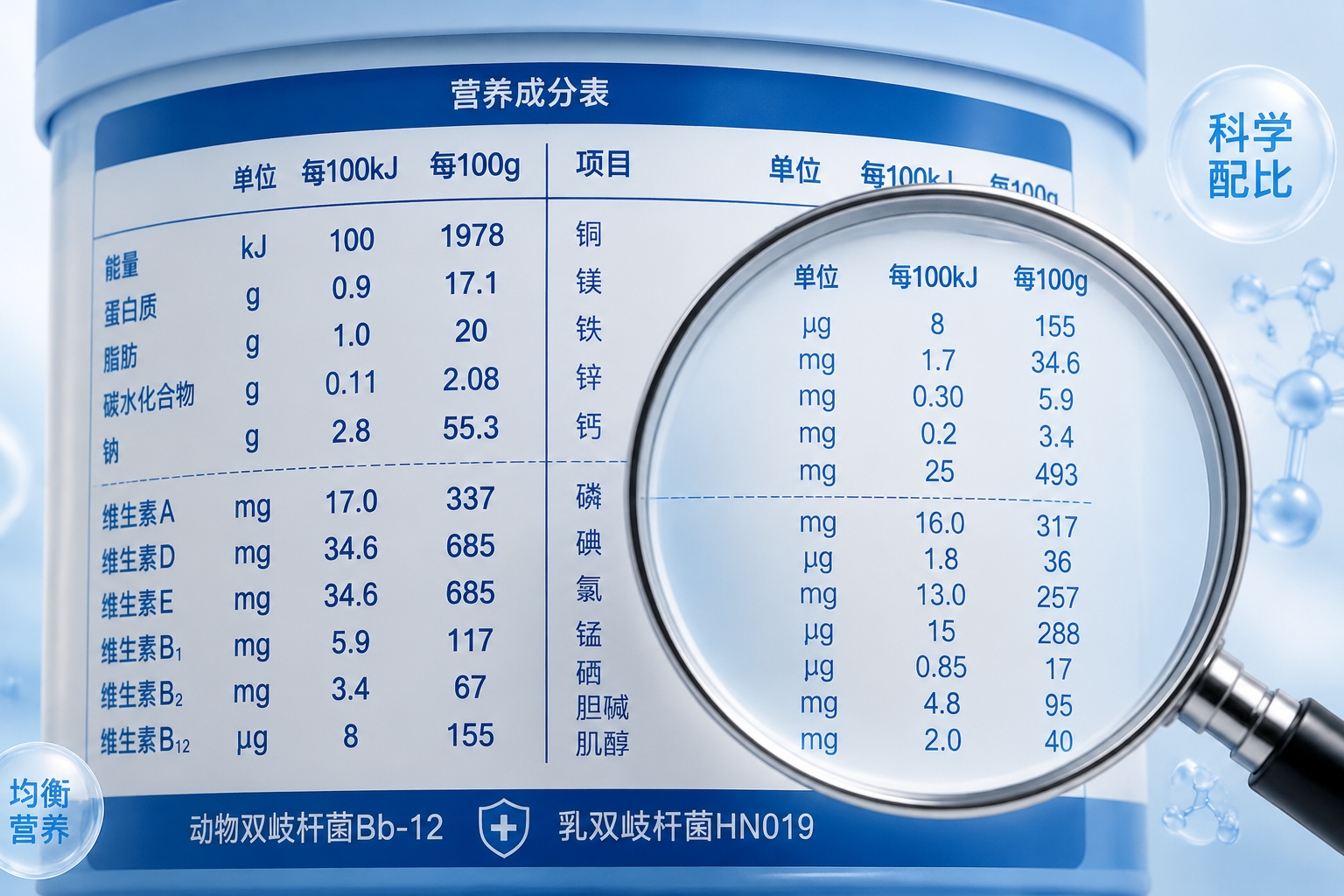 奶粉營(yíng)養(yǎng)成分表的高清特寫鏡頭，強(qiáng)調(diào)數(shù)據(jù)和科學(xué)配比，配有放大鏡效果凸顯微量元素。