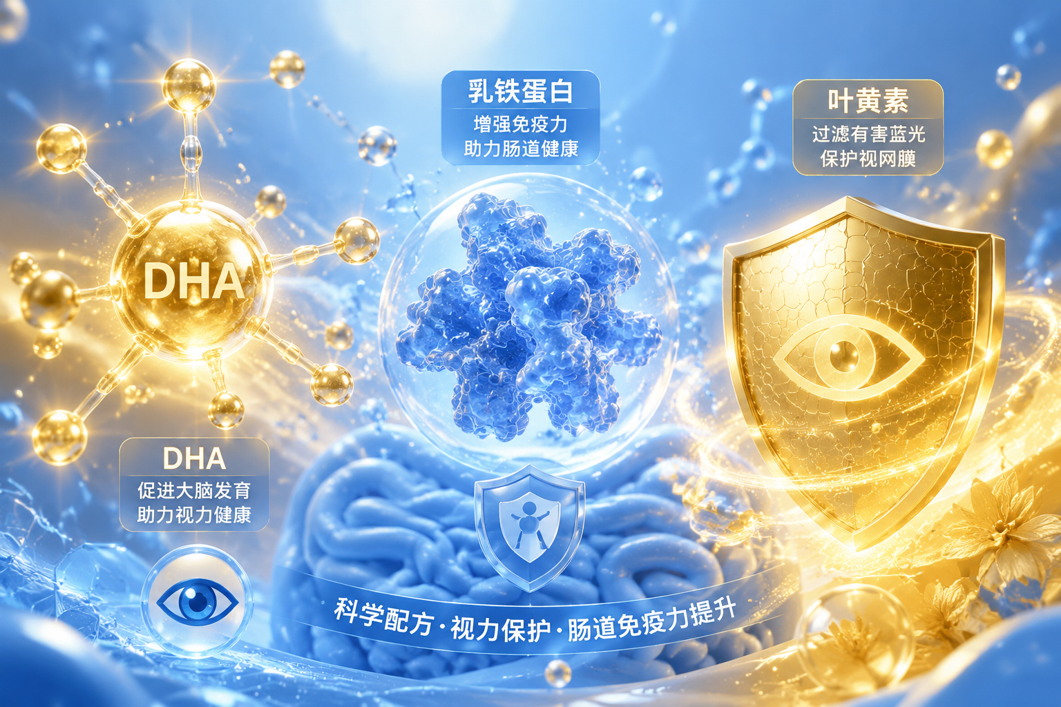 充滿科技感的營(yíng)養(yǎng)元素微觀圖，發(fā)光的DHA分子、乳鐵蛋白結(jié)構(gòu)和葉黃素盾牌，背景是柔和的藍(lán)色和金色交織，代表科學(xué)配方、視力保護(hù)和腸道免疫力提升，3D渲染，高質(zhì)感。
