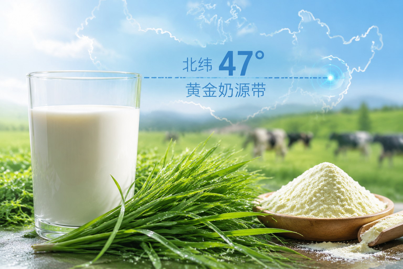 微距攝影，一杯純凈的牛奶旁邊放著新鮮的牧草，背景是北緯47度黃金奶源帶的地圖輪廓，光影通透，色彩清新，突出“鮮奶與乳粉”的原料概念。
