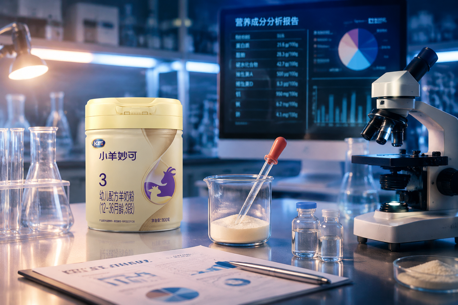 專業(yè)的營養(yǎng)成分檢測實驗室場景，桌面上擺放著奶粉罐、滴管、顯微鏡和數(shù)據(jù)圖表，展示科學(xué)嚴(yán)謹(jǐn)?shù)臓I養(yǎng)成分分析過程，冷暖光線交替，極具專業(yè)感。