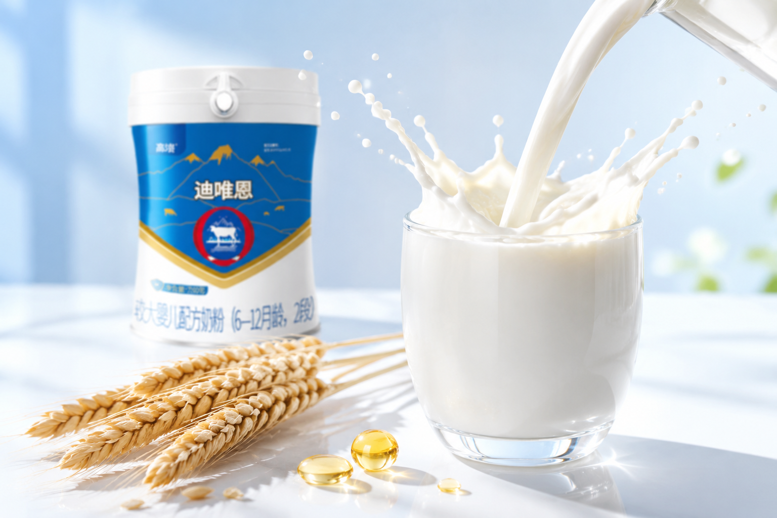 一杯純凈的牛奶倒入玻璃杯中，濺起優(yōu)雅的奶花，旁邊放著小麥和幾滴金色的植物油，代表基礎營養(yǎng)如蛋白質和脂肪，明亮清新的色調，商業(yè)攝影。