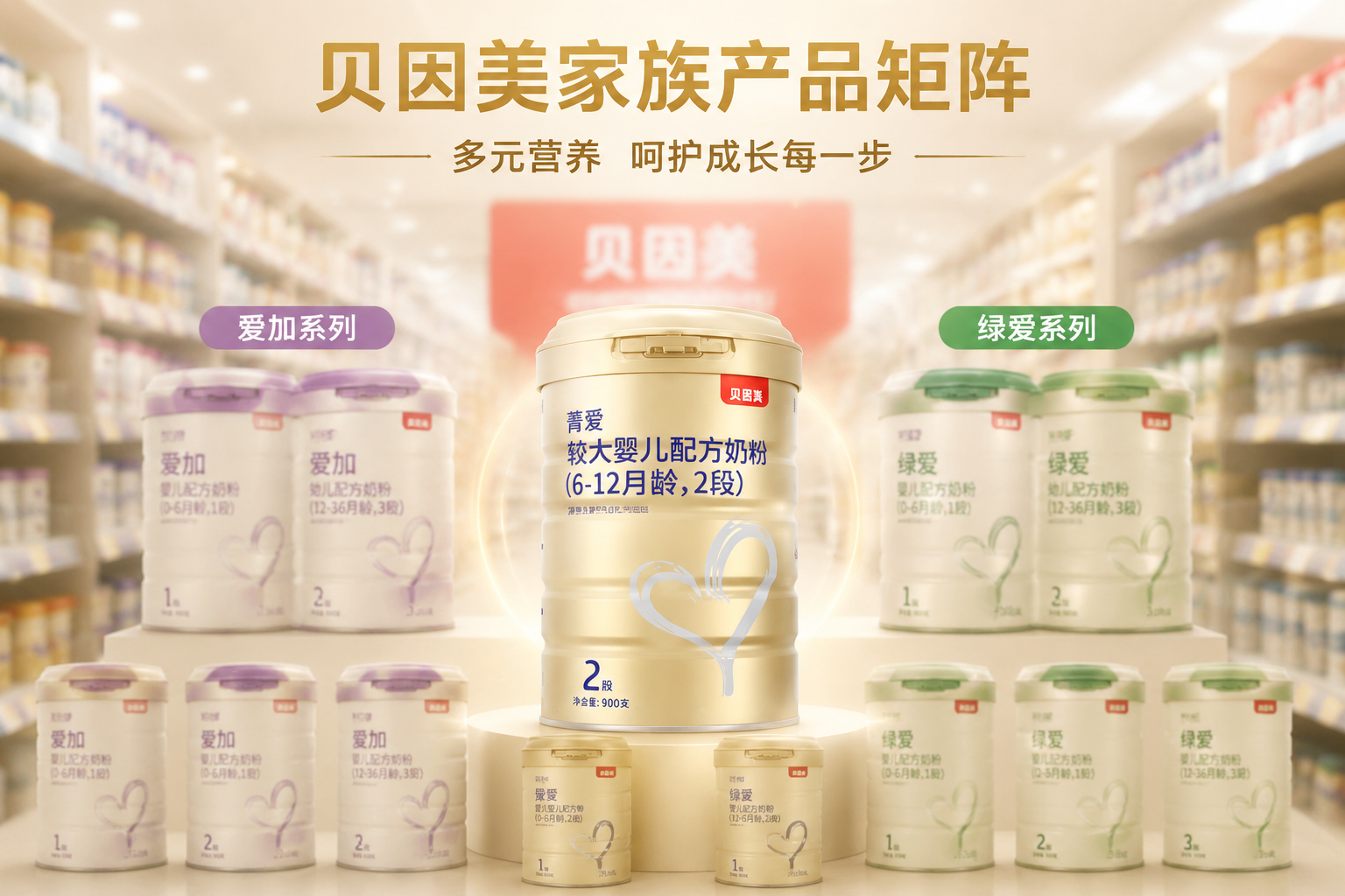 貝因美家族產(chǎn)品矩陣圖，以貝因美菁愛2段為中心，背景虛化展示同品牌的愛加系列、綠愛系列以及1段、3段奶粉的輪廓，體現(xiàn)品牌豐富的產(chǎn)品線，大型商超貨架背景。