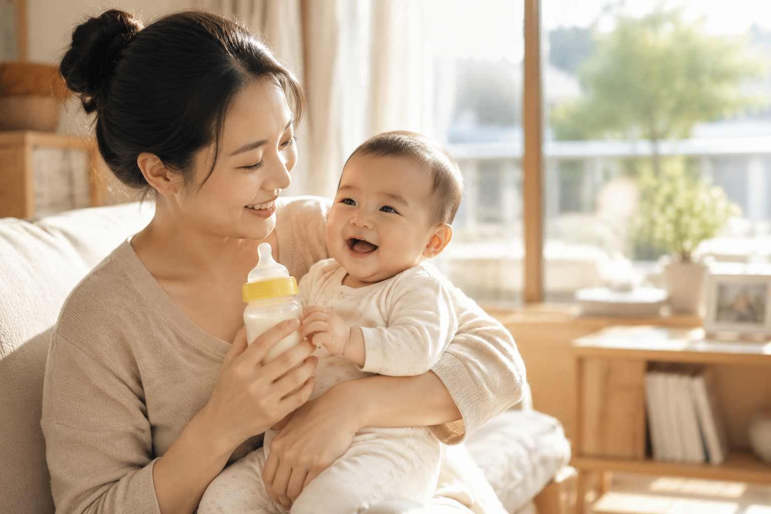 一位溫柔的母親懷抱著6到12個(gè)月大的嬰兒，嬰兒正開心地笑著，母親手里拿著奶瓶，背景是明亮的落地窗和溫馨的家居環(huán)境，陽光灑進(jìn)室內(nèi)，表達(dá)安心和信賴的情感，電影級打光。