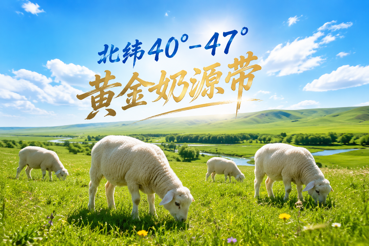 廣闊美麗的中國(guó)北方大草原，藍(lán)天白云，陽(yáng)光明媚，幾只健康潔白的奶羊在吃草，畫面帶有“北緯40°-47°黃金奶源帶”的藝術(shù)字樣，自然風(fēng)景攝影，色彩鮮艷，充滿生機(jī)。