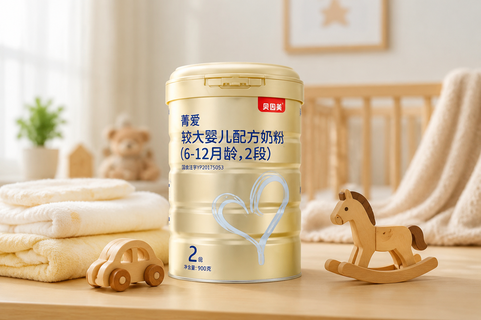 一罐貝因美菁愛奶粉2段的高清產(chǎn)品圖，放置在溫馨的母嬰環(huán)境中，周圍有柔軟的嬰兒毛巾和木質(zhì)玩具，柔和的自然光，專業(yè)攝影，景深效果，高品質(zhì)。