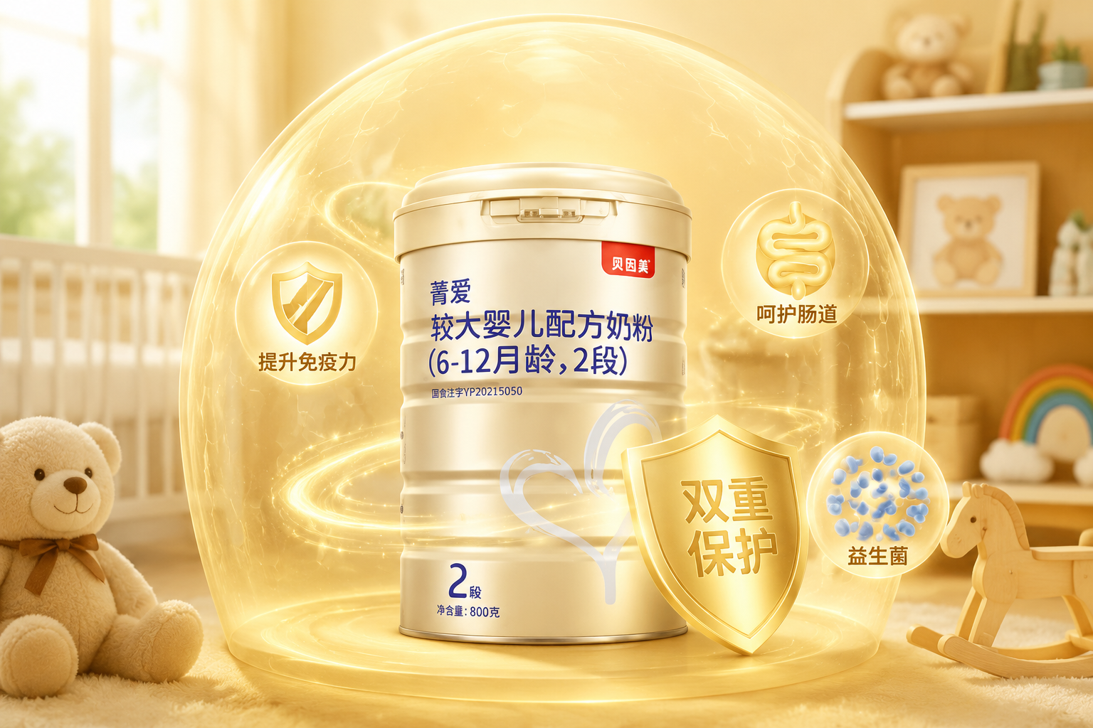 免疫力與腸道保護盾概念圖，貝因美菁愛奶粉被一個金色的半透明保護罩包圍，罩子上帶有盾牌和腸道益生菌的微觀圖標，背景是溫暖的嬰兒房，寓意雙重保護。