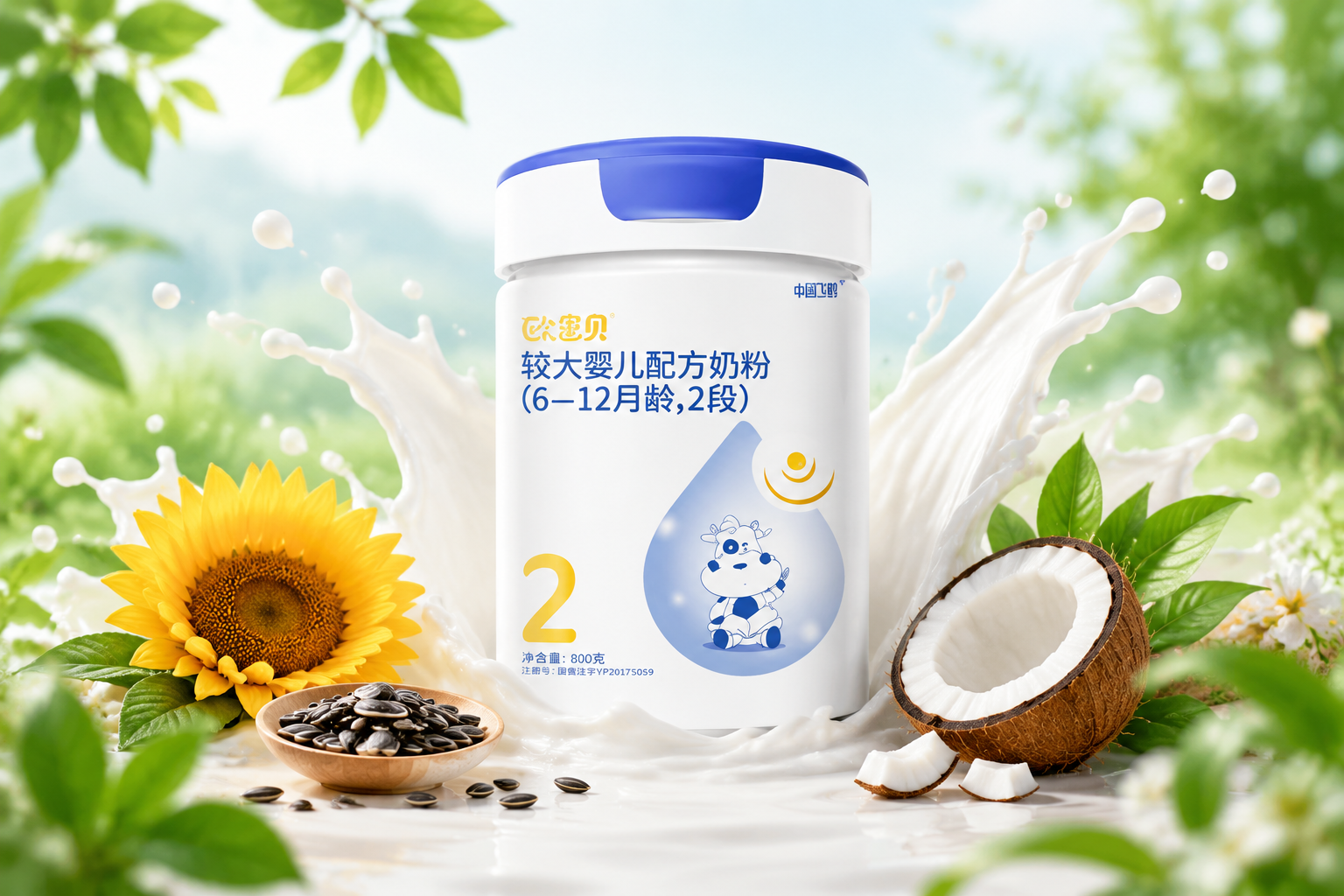 純凈的牛奶飛濺效果，周圍環(huán)繞著天然的植物提取物（如葵花籽、椰子）和新鮮的食材元素，代表干凈透明的配料表，清新自然風(fēng)格，明亮的白色和綠色調(diào)。