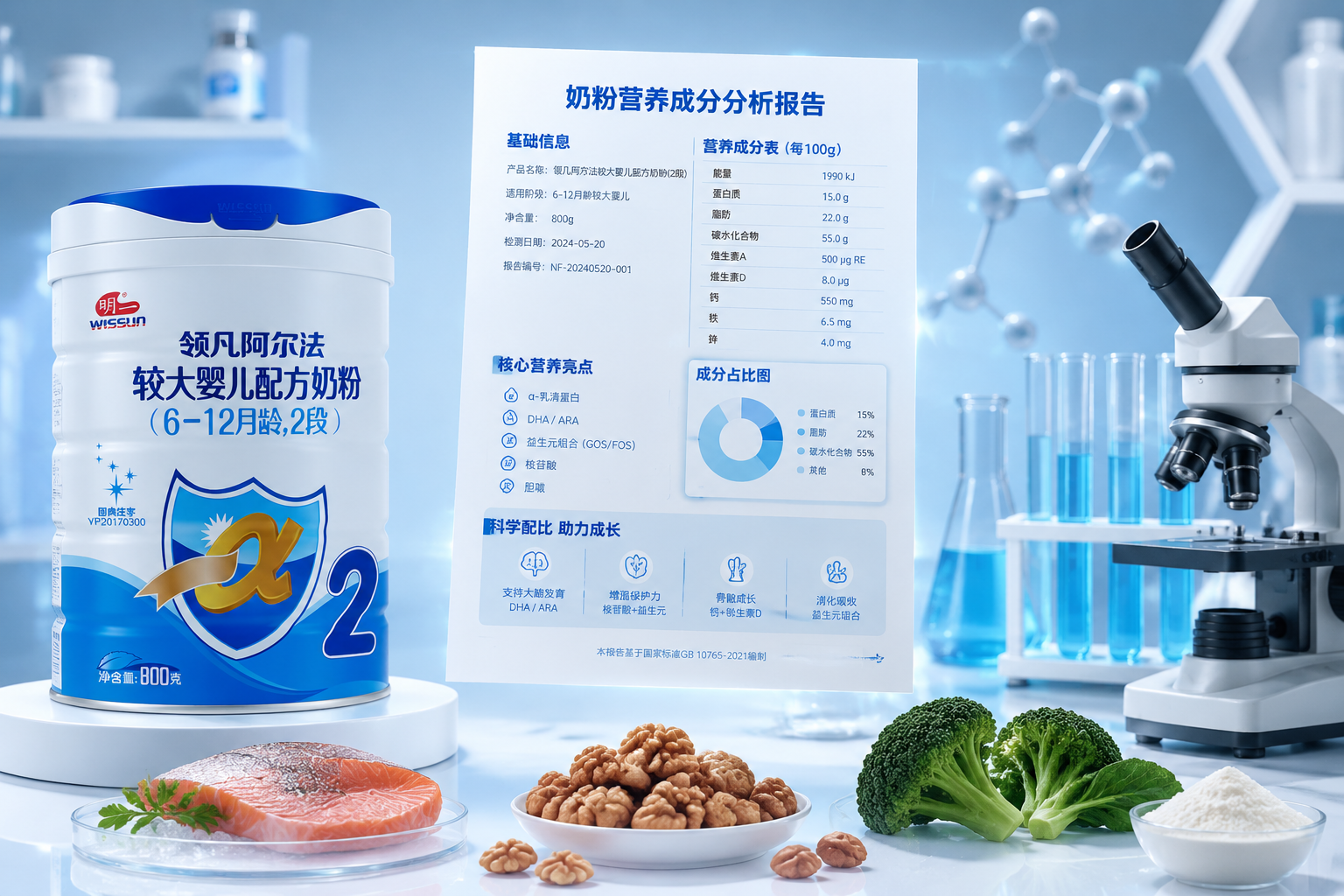 一份詳細(xì)的奶粉營養(yǎng)成分分析報(bào)告懸浮在空中，旁邊有顯微鏡、試管和新鮮的食材（如深海魚、核桃、蔬菜），代表科學(xué)配比與豐富營養(yǎng)，工作室打光，靜物攝影。