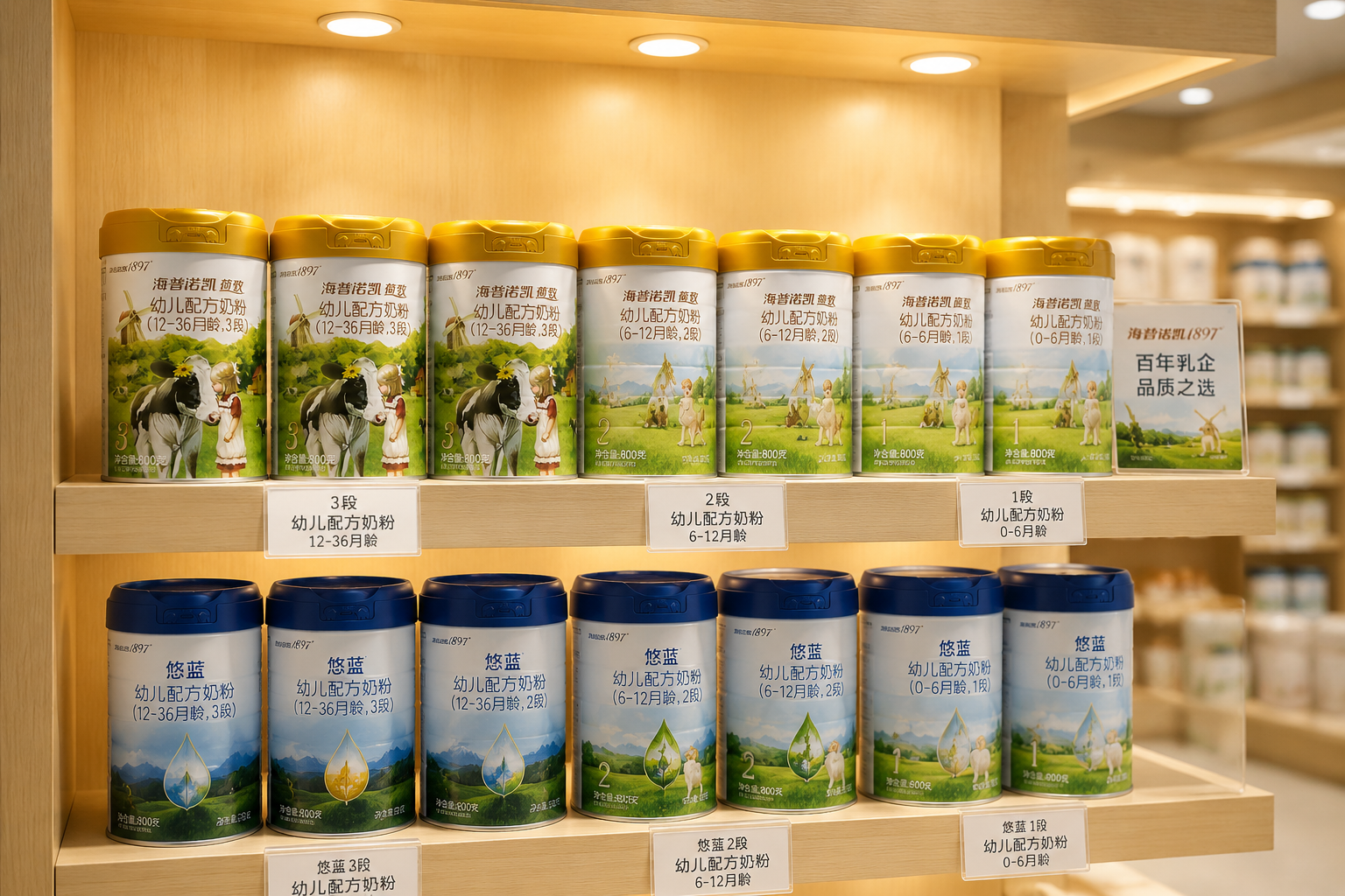高端母嬰店的木質(zhì)展示貨架，整齊排列著海普諾凱1897的不同段數(shù)（1段、2段、3段）以及悠藍(lán)系列奶粉，暖色調(diào)射燈聚焦在產(chǎn)品上，背景適度虛化，商業(yè)攝影風(fēng)格。