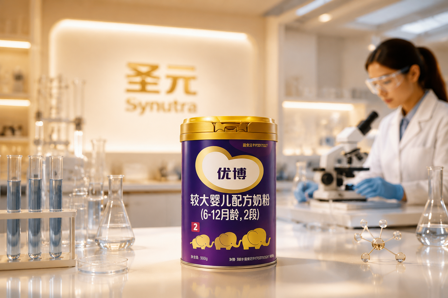 現(xiàn)代科技感母嬰研究實驗室，暖色調(diào)燈光，背景有“圣元”品牌隱約的Logo，展示出專業(yè)、值得信賴的品牌底蘊，高品質(zhì)攝影。