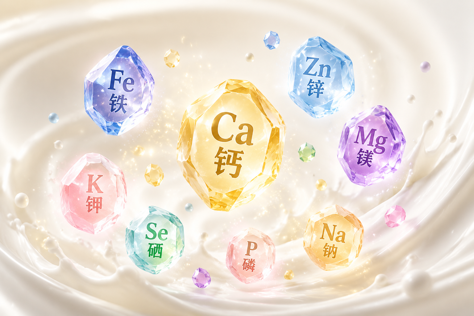 科學(xué)實(shí)驗(yàn)風(fēng)格的3D渲染圖，各種代表礦物質(zhì)的彩色水晶體（如鈣、鐵、鋅、鎂等）懸浮在空中，散發(fā)著微光，背景是淡淡的奶白色波紋，寓意奶粉中蘊(yùn)含豐富的微量元素，助力寶寶強(qiáng)壯骨骼和健康成長(zhǎng)。