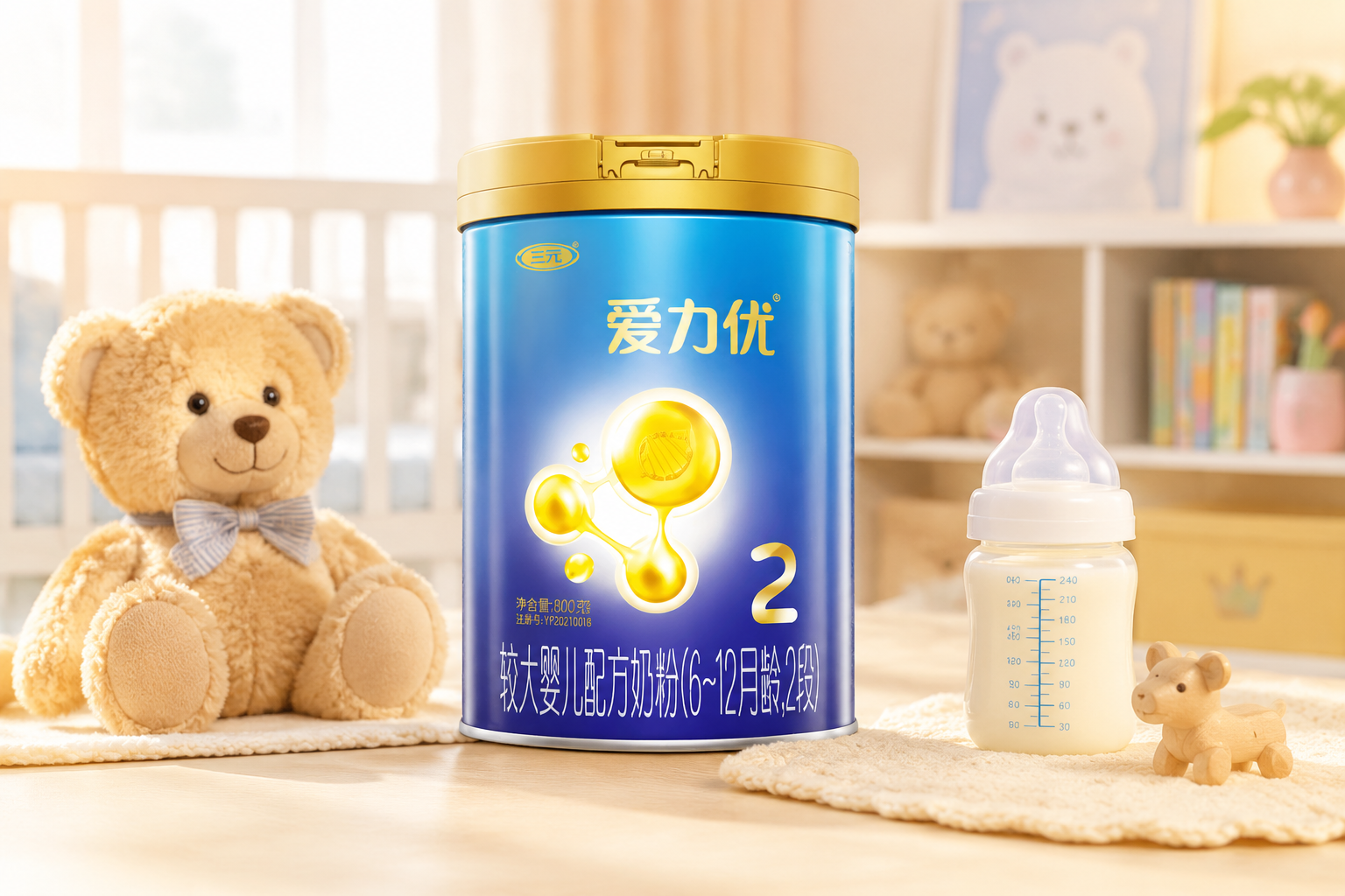 一罐三元藍標愛力優(yōu)奶粉2段放置在溫馨的母嬰房背景中，旁邊有可愛的毛絨玩具和奶瓶，光線柔和，色彩明快，體現(xiàn)高品質國貨奶粉的質感，攝影級畫質，8k分辨率。