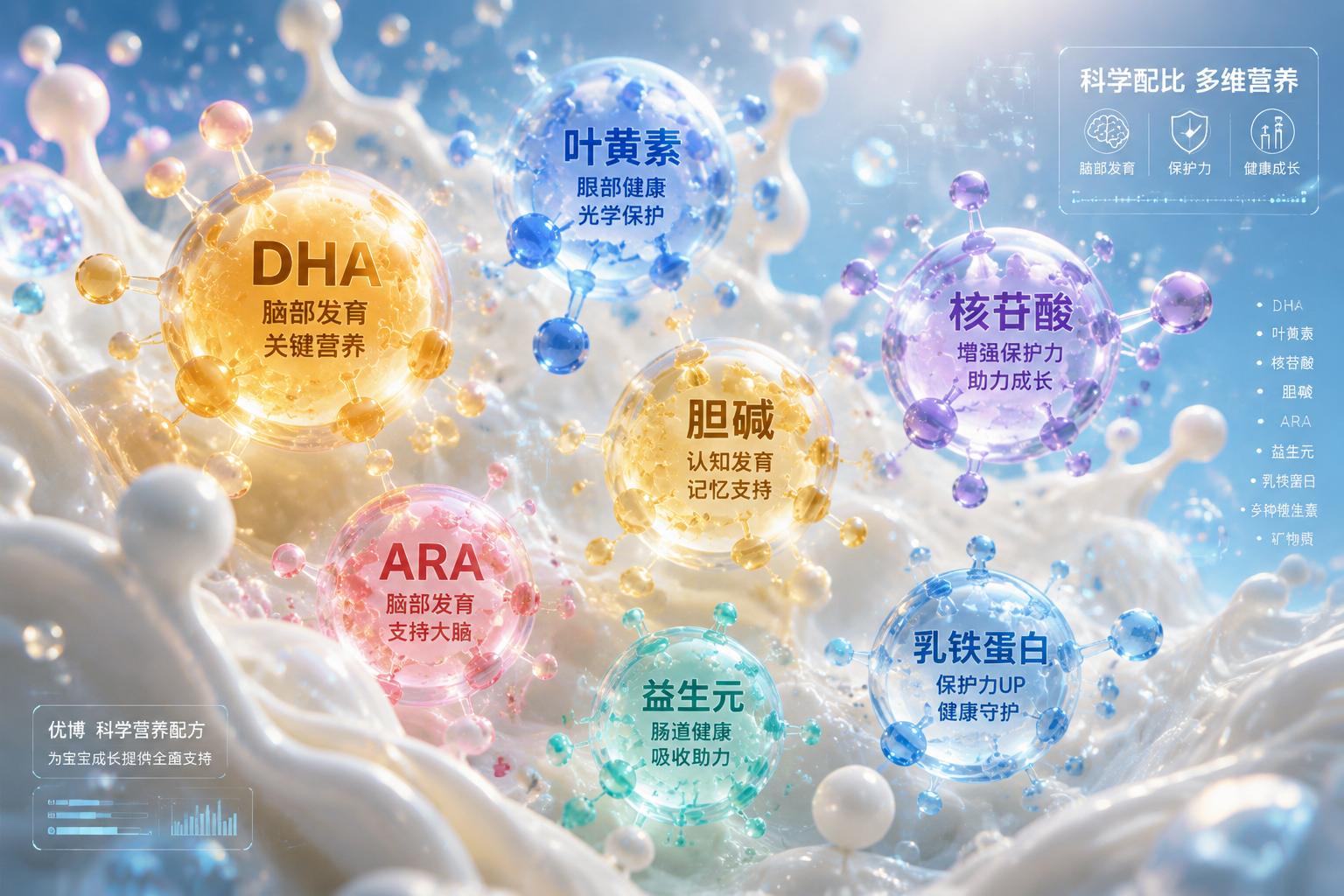 充滿微觀科技感的畫面，代表不同營養(yǎng)元素（DHA、葉黃素、核苷酸等）的彩色發(fā)光分子結(jié)構(gòu)在清澈的奶液中漂浮，象征著豐富的營養(yǎng)配方。