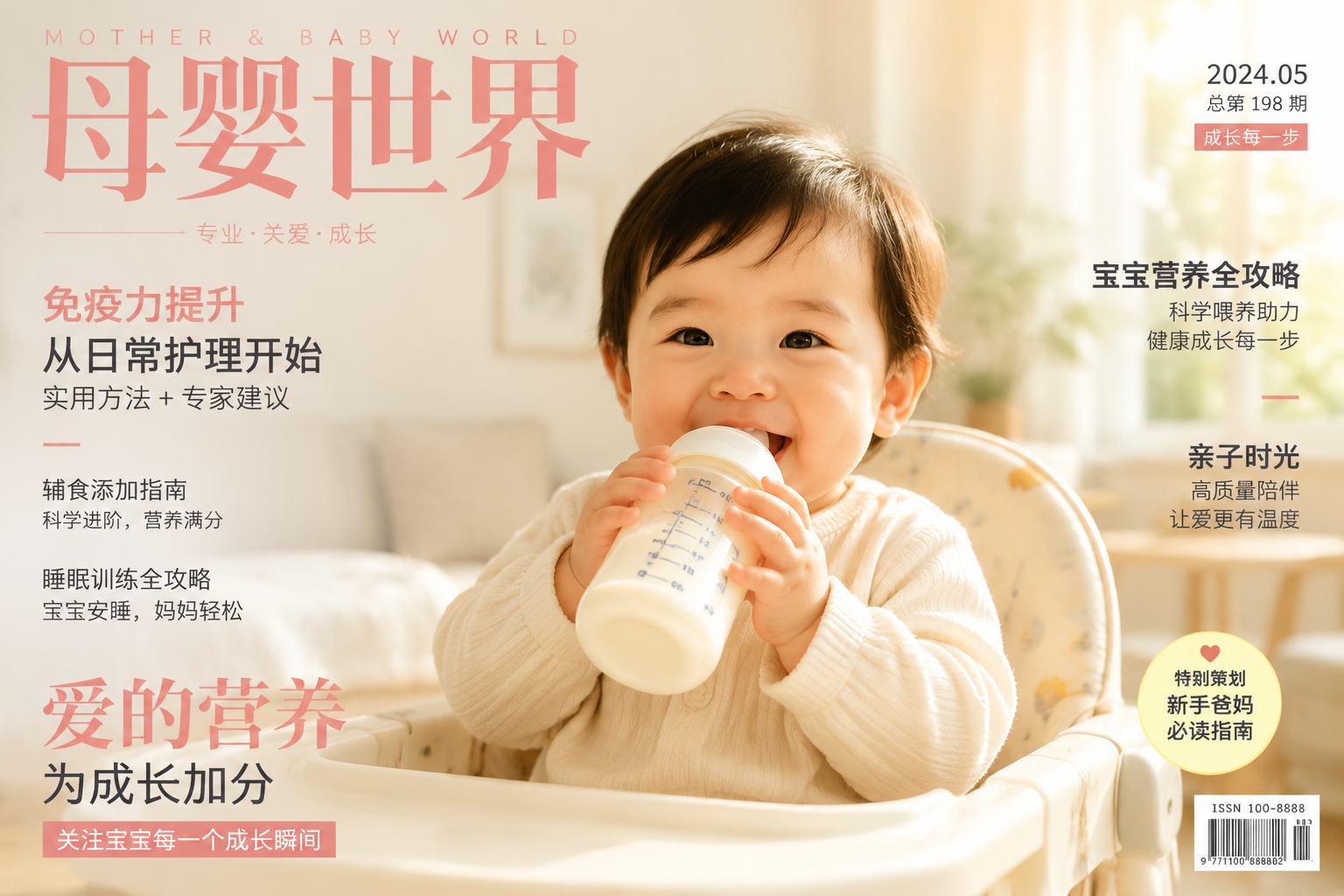 一張高端母嬰雜志風(fēng)格的封面圖，畫面中央是一個健康活潑的中國寶寶正在開心地喝奶，背景帶有柔和的陽光和溫馨的家庭氛圍，色彩溫暖明亮，體現(xiàn)出專業(yè)和信賴感。