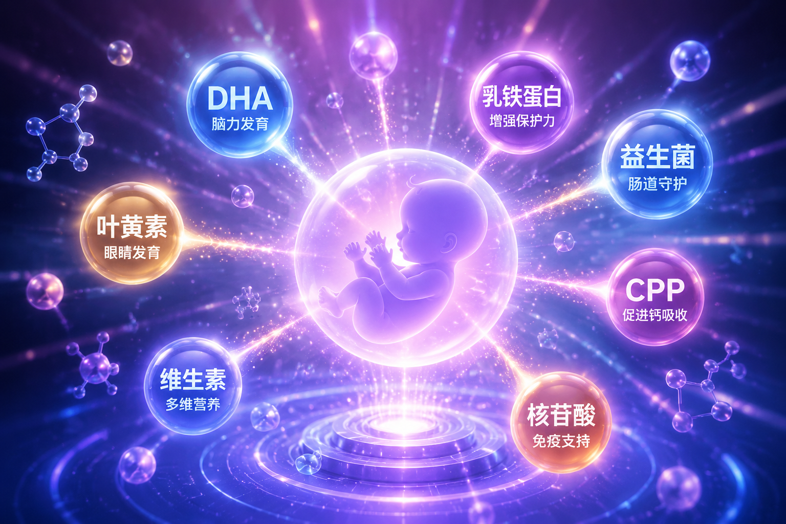 充滿科技感的微觀營(yíng)養(yǎng)元素發(fā)光球體，包括DHA、乳鐵蛋白、益生菌、CPP等字樣懸浮在空中，光芒匯聚向中心的一個(gè)可愛(ài)的嬰兒剪影，象征著多重營(yíng)養(yǎng)守護(hù)寶寶成長(zhǎng)，3D渲染，C4D風(fēng)格。
