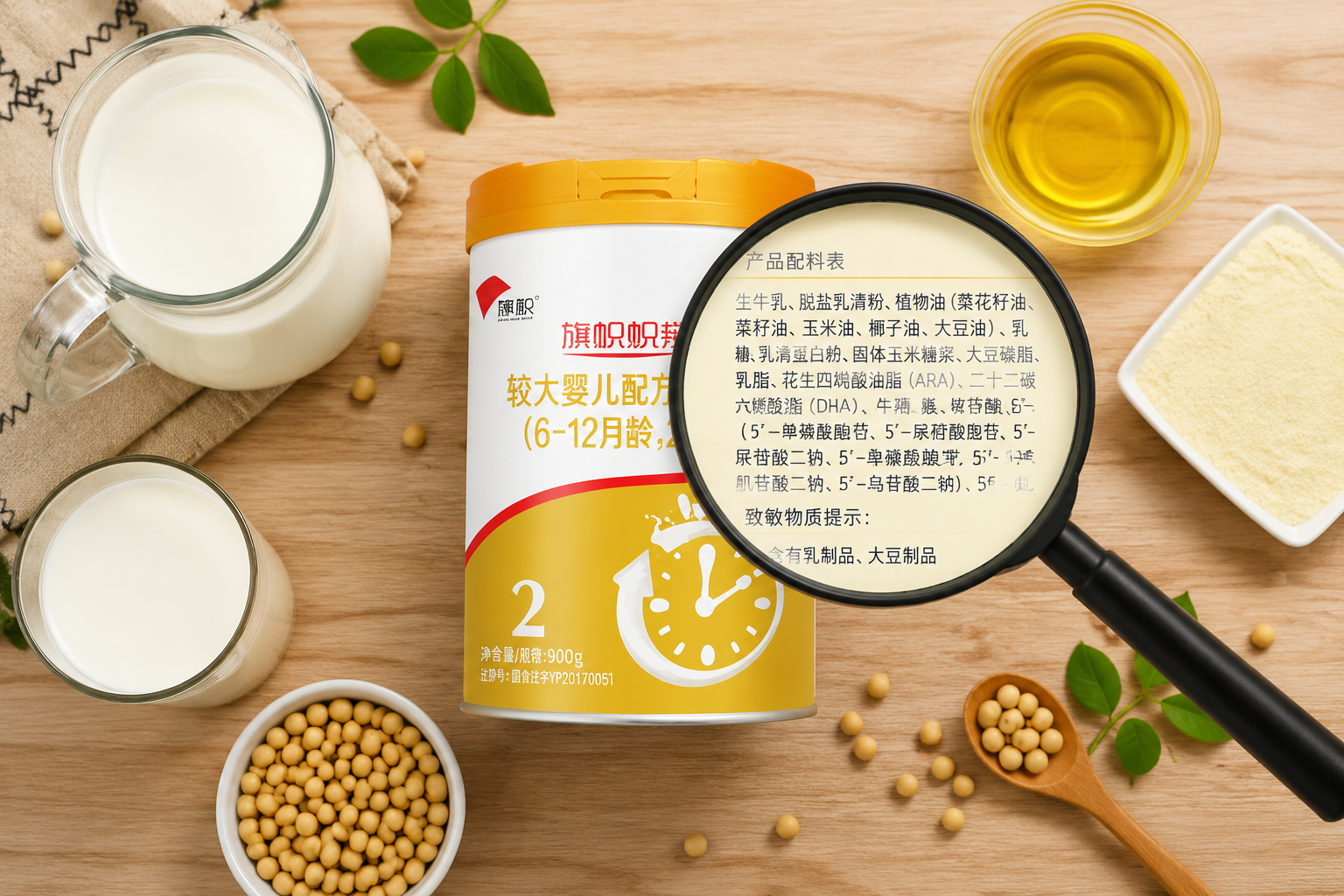 木質(zhì)桌面上平鋪著生牛乳、植物油、大豆等天然原料的俯拍圖，一個放大鏡聚焦在其中，展現(xiàn)對奶粉配料表的嚴(yán)謹(jǐn)探究，畫面清晰自然。