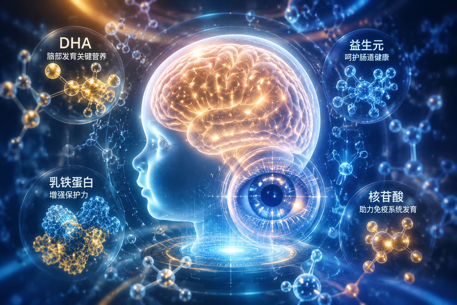 微觀視角的科學(xué)概念圖，畫面中心是一個(gè)發(fā)光的嬰兒大腦和眼睛的半透明全息投影，周圍環(huán)繞著DHA、乳鐵蛋白、益生元等分子結(jié)構(gòu)模型，科技感與生命力結(jié)合，暖色調(diào)與冷藍(lán)色交織，充滿未來感和醫(yī)學(xué)專業(yè)感。