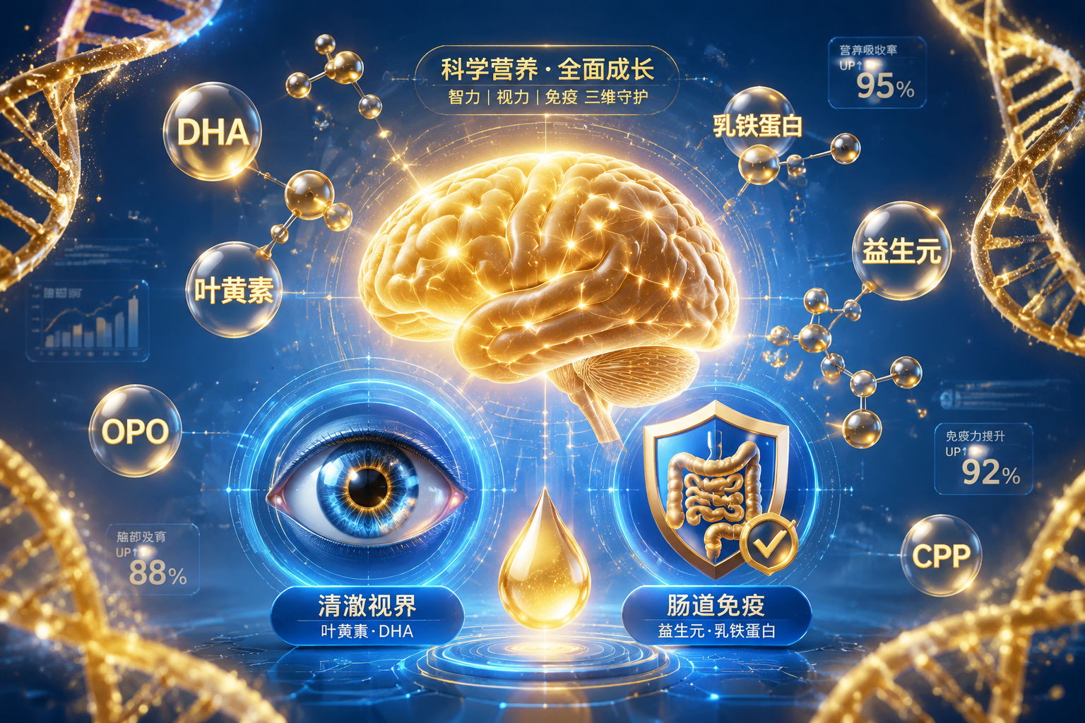 高科技醫(yī)療和營(yíng)養(yǎng)科學(xué)風(fēng)格的3D插畫(huà)。畫(huà)面中心是一個(gè)發(fā)光的大腦圖標(biāo)、清澈的眼睛圖標(biāo)和代表腸道免疫的盾牌圖標(biāo)，周圍環(huán)繞著金色的DNA螺旋和營(yíng)養(yǎng)分子顆粒（代表DHA、葉黃素、OPO等），整體色調(diào)為科技藍(lán)與溫暖的金黃色交織。