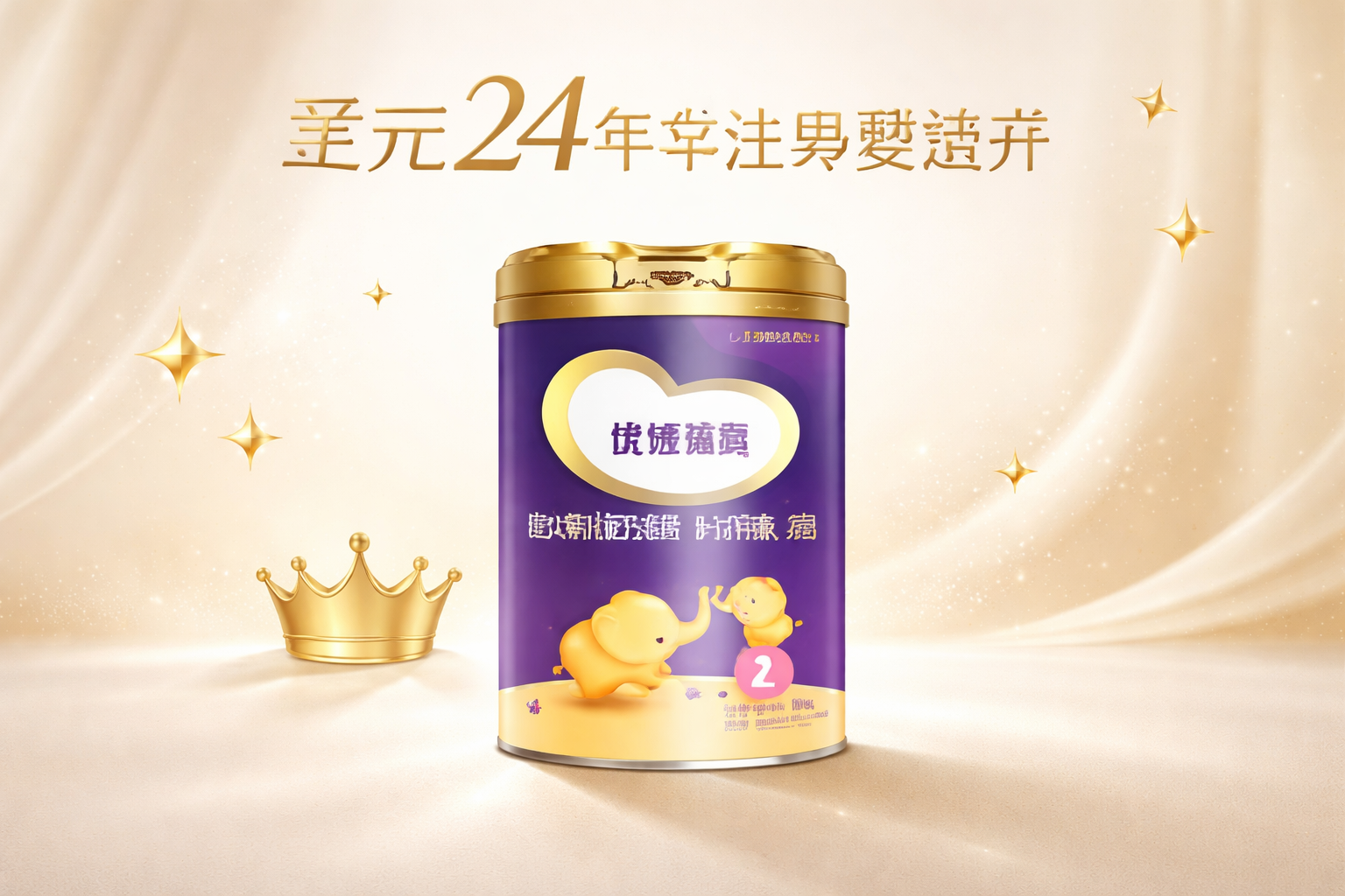 極簡(jiǎn)高級(jí)感的產(chǎn)品拍攝圖，一罐高端嬰兒配方奶粉放置在純色背景中央，帶有柔和的影棚光照。旁邊點(diǎn)綴著一些金色的星星和代表品牌的皇冠元素，突出圣元品牌24年的歷史沉淀感，畫(huà)面整體色調(diào)為溫暖的奶白色與淡金色。